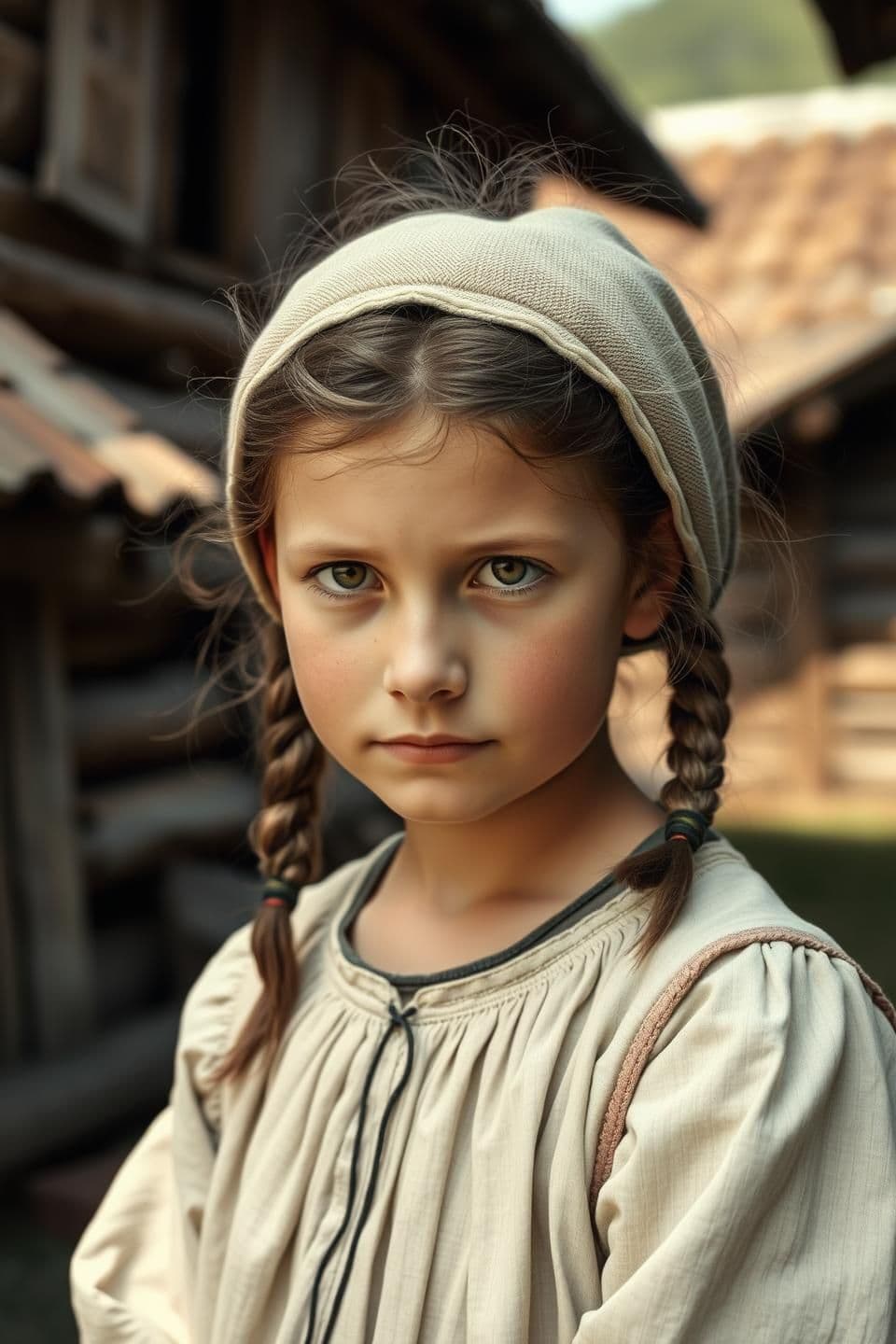 AI generated: A young Bulgarian girl in the 1920s countryside, representing a childhood version of Baba Vanga. She has soft Slavic features, simple rural clothing, braided hair and a gentle , in