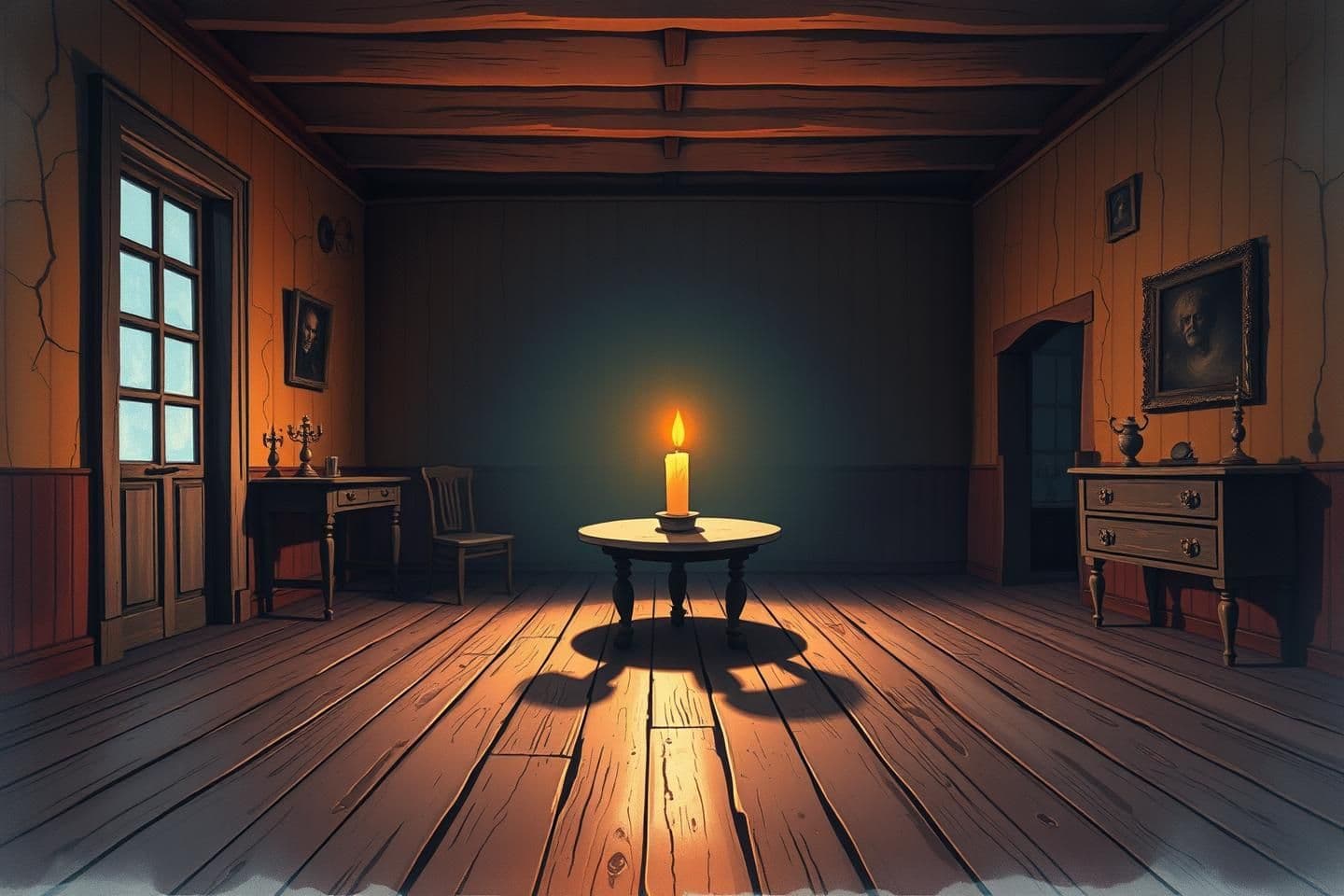 AI generated: “2D cartoon horror background, old vintage room, wooden floor, flickering candle on table casting long shadows, cracked walls, old furniture, dark corners, eerie silence, 16:9 rati
