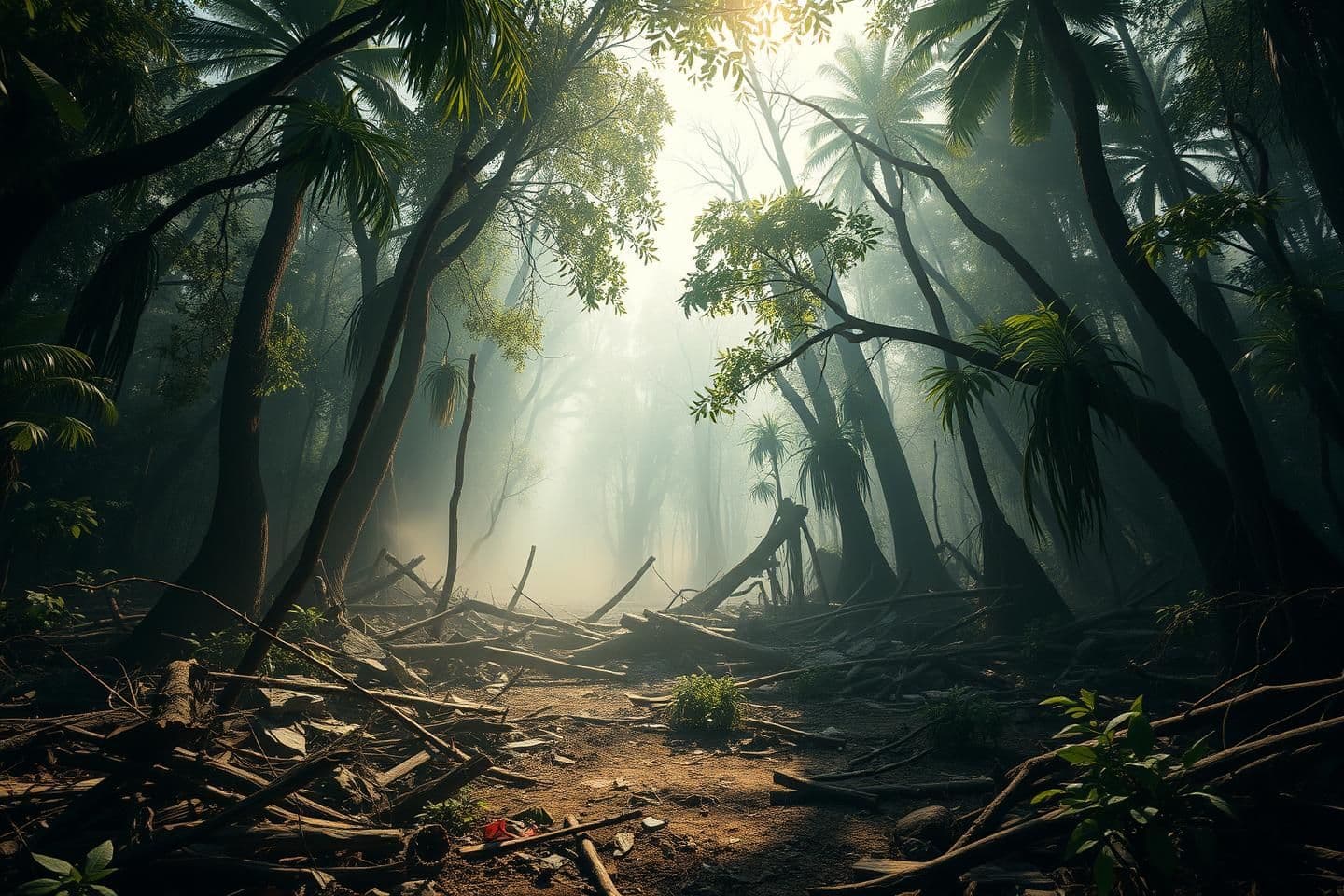 AI generated: A chaotic and destroyed jungle during the day, with no people in the scene. The forest is in ruins: broken trees, fallen branches, scattered debris, and dust floating in the air. S