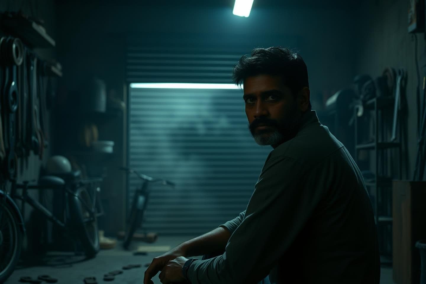 AI generated: Ultra-realistic 16:9 cinematic frame showing an Indian man sitting alone in a dim, eerie garage workshop at night. He is slightly turned toward the camera, as if telling a horror s