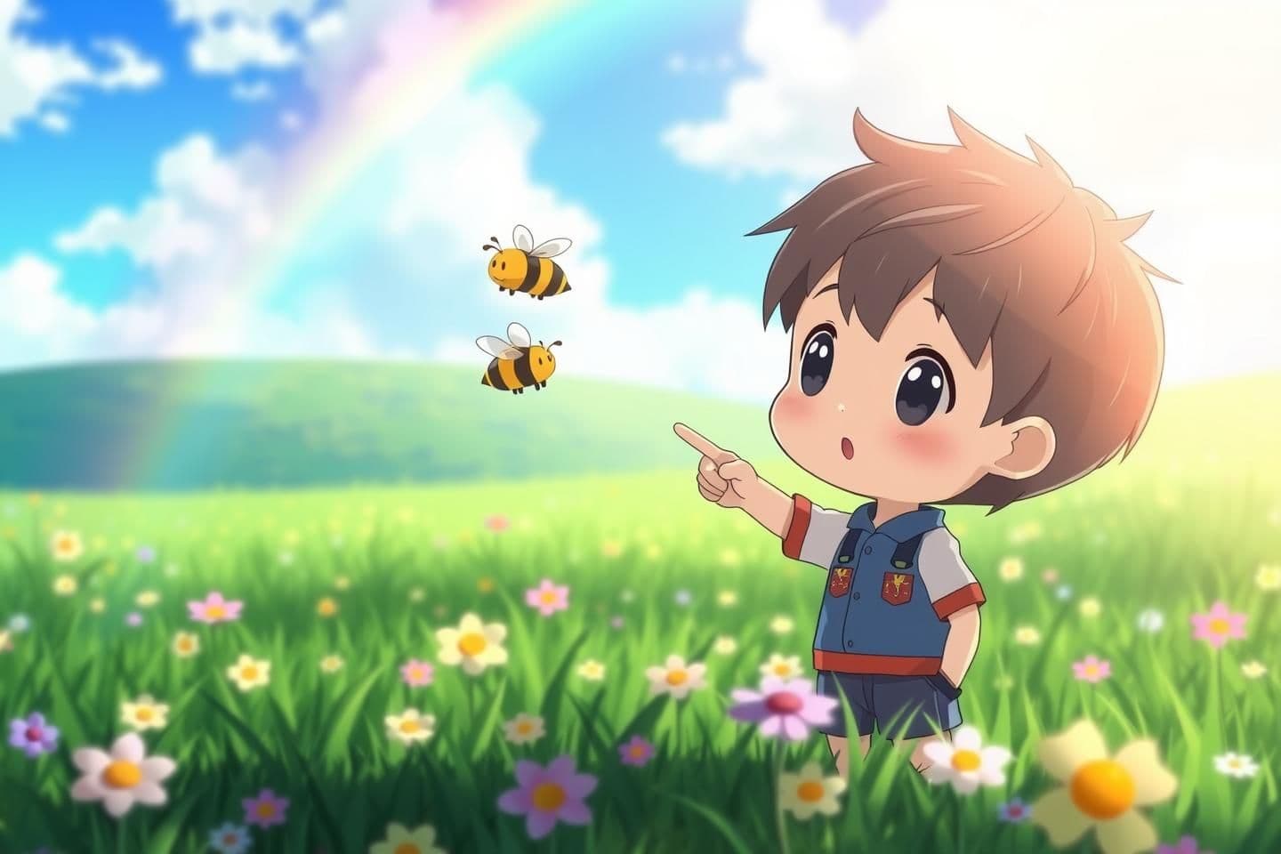 AI generated: Prompt: A beautiful anime style wide shot. A cute chibi boy standing in a flower field pointing his finger at a cute golden bee flying in the air. The background is a lush green me