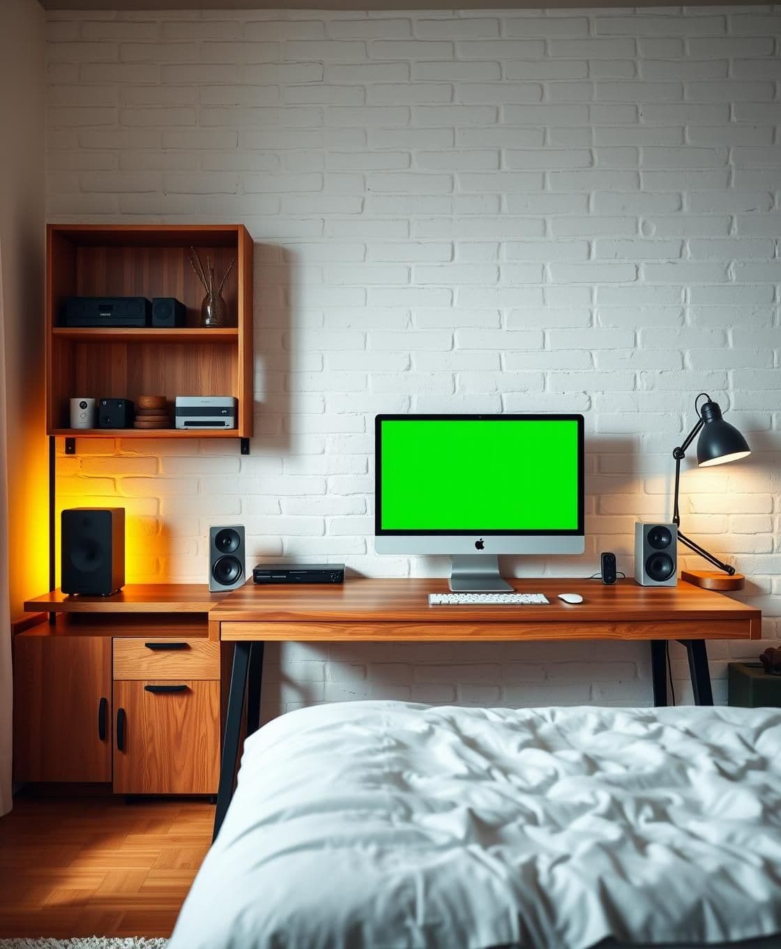 AI generated: A cozy, realistic home office or bedroom workspace with a minimalist setup. A simple wooden desk with a modern computer on it, showing a solid green screen. The scene includes natu