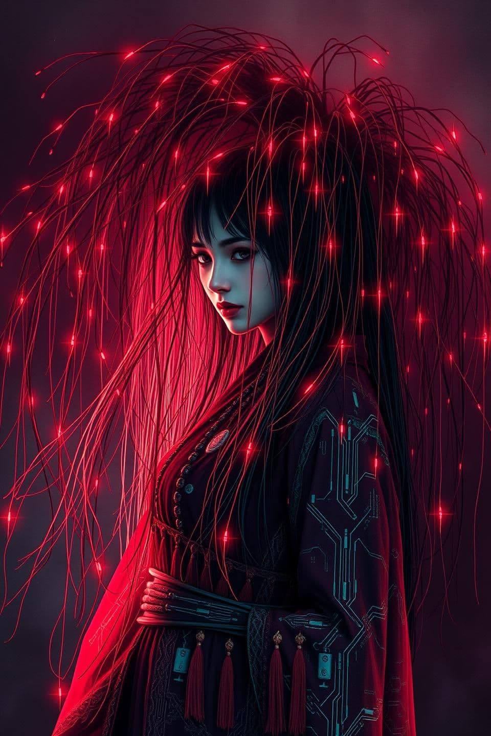 AI generated: mystical fashion female model traditional tribal outfit in fusion with, A professional digital for a profile image, showing a weeping willow whose long, flowing branches subtly t