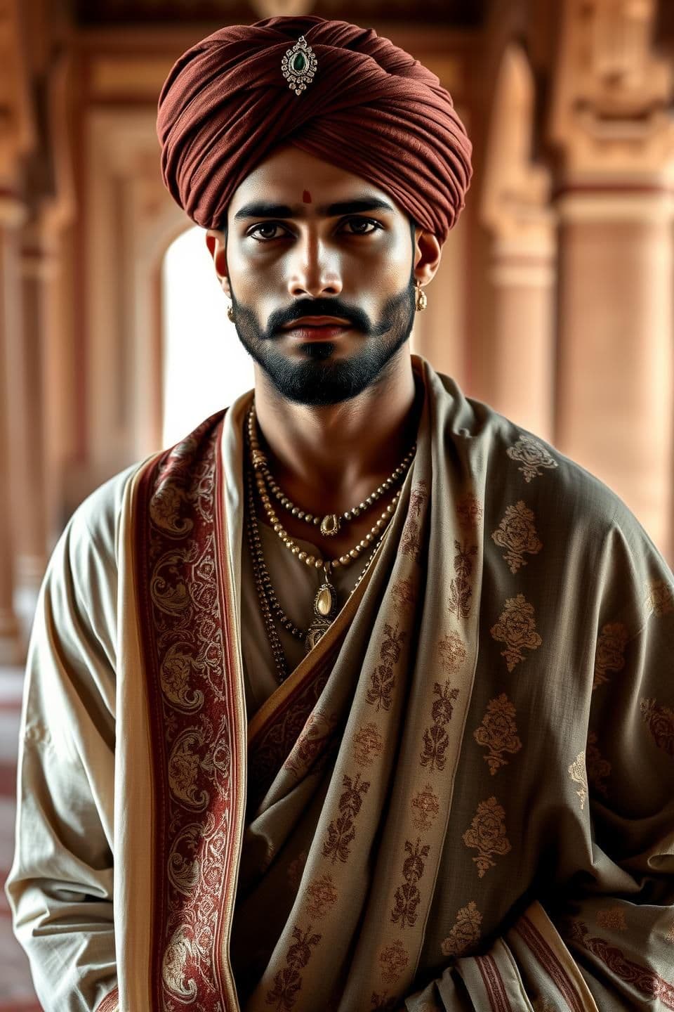 AI generated: An Indian Rajput prince wearing luxurious handwoven cotton fabric, detailed cotton angarkha with intricate block-print patterns, soft earthy tones, traditional turban with minimal