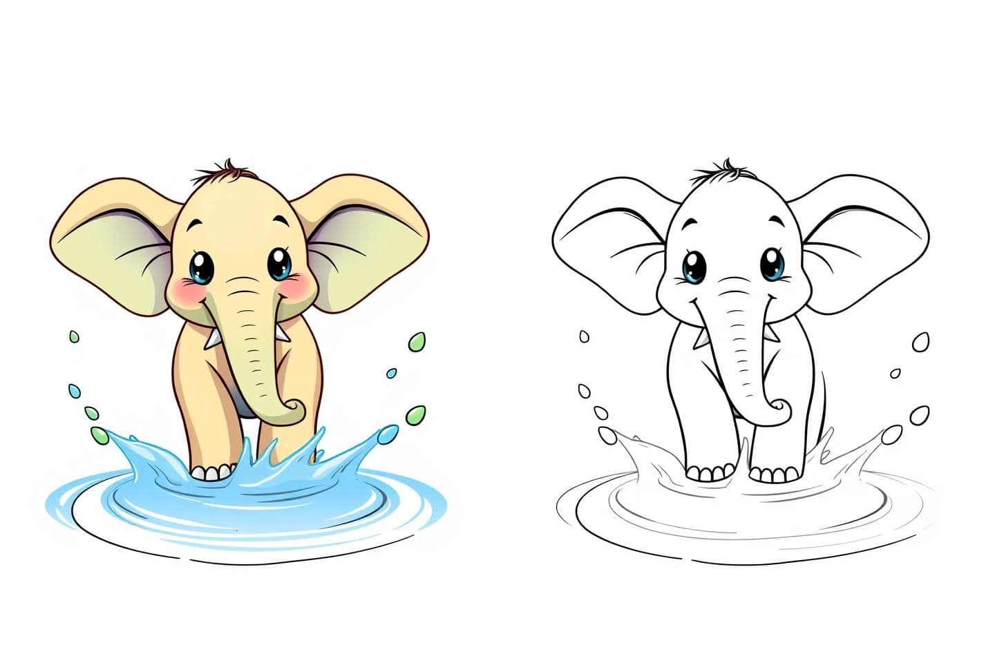 AI generated: Generate an image with a colored illustration of 'cute elephant splashing water' on the left side, and the same illustration in a black-and-white outline on the right side. Include