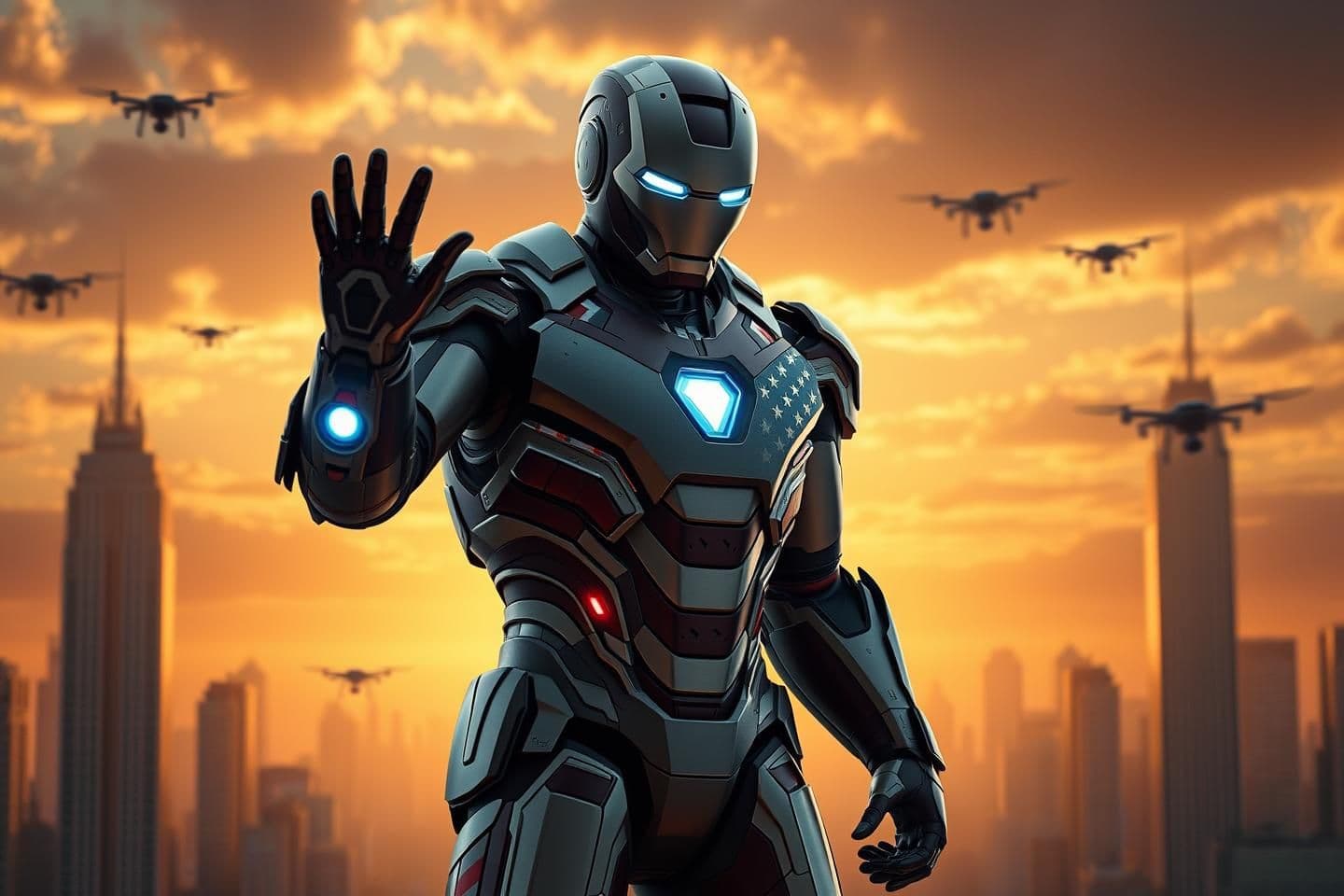 AI generated: “Create a hyper-realistic, ultra-cinematic American-style Iron Man standing in a heroic pose. Suit design inspired by advanced U.S. military tech with sharp metallic details, glowi