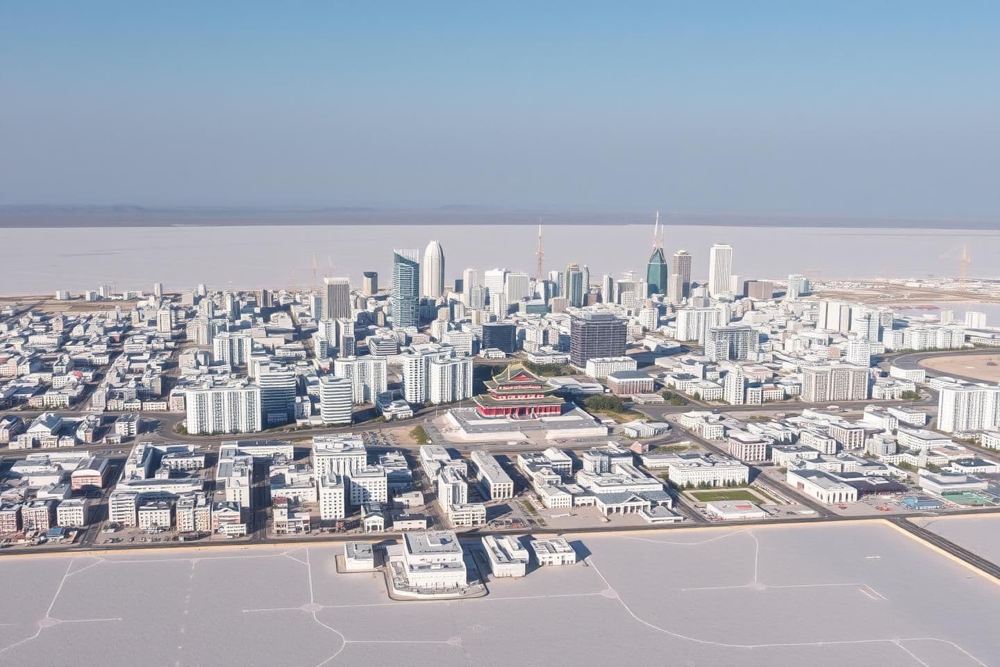 AI generated: Make an image of a massive city in a vast salt flat. This city should have modern buildings with slight hints of traditional Japanese architecture. Make sure it is lively and has a