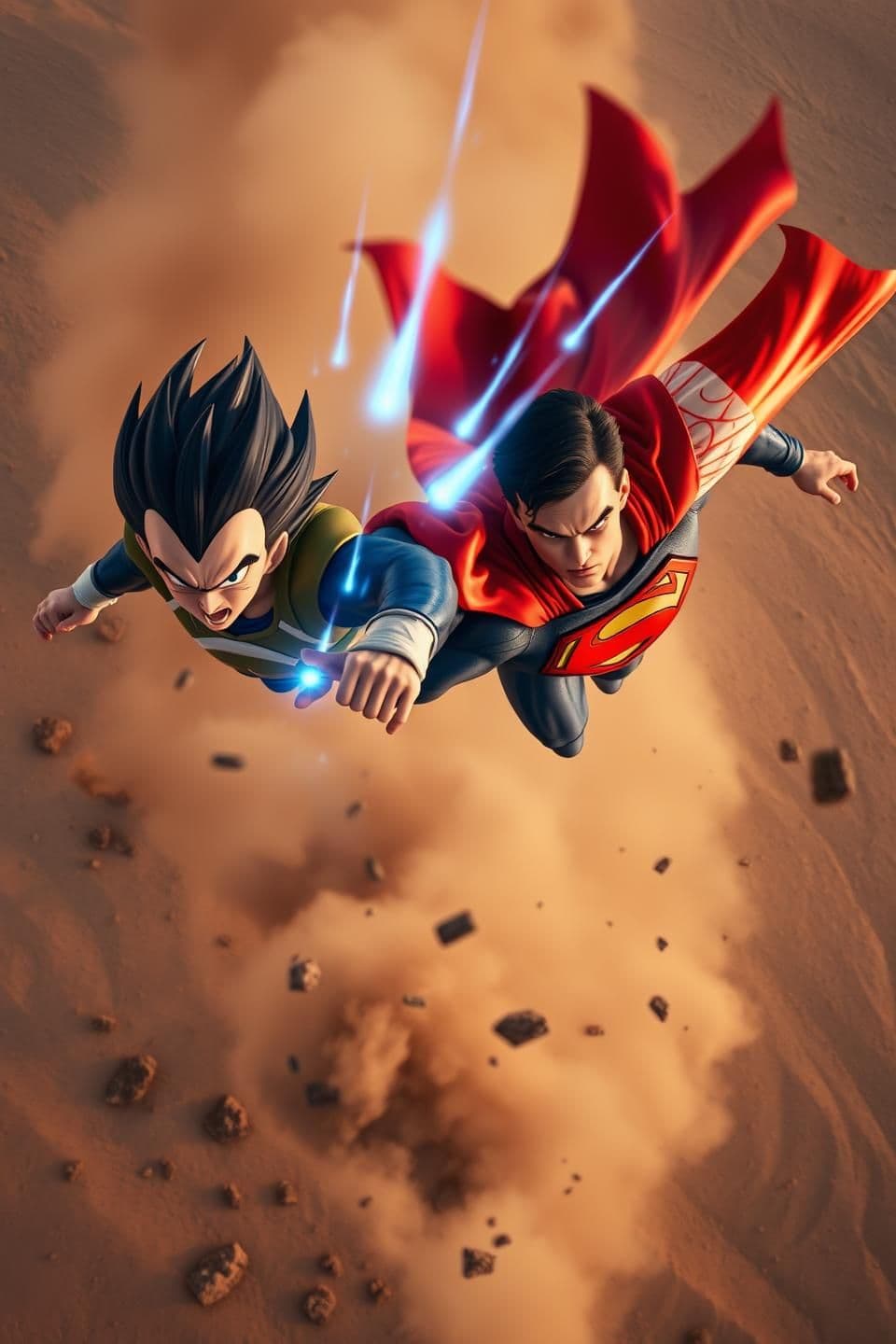 AI generated: Cinematic, high-detail action scene.
Vegeta and Superman zoom through the air above the desert, leaving trails of blue and red energy. Rocks and dust spiral below from the shockwav