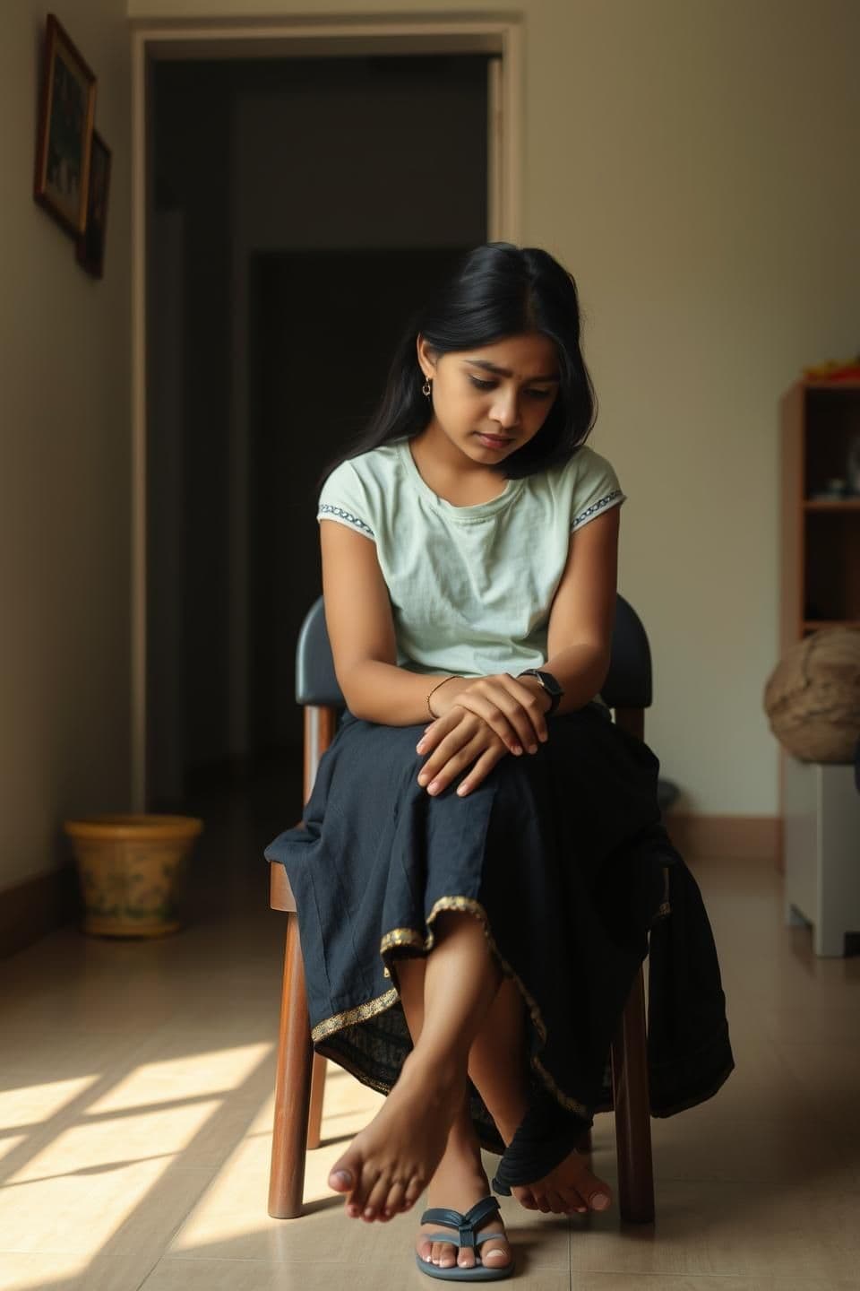 AI generated: Meera is sitting quietly, stressed about her college work. A young Indian girl sitting on a chair in a simple home interior, looking down with worry on her face. Natural morning li