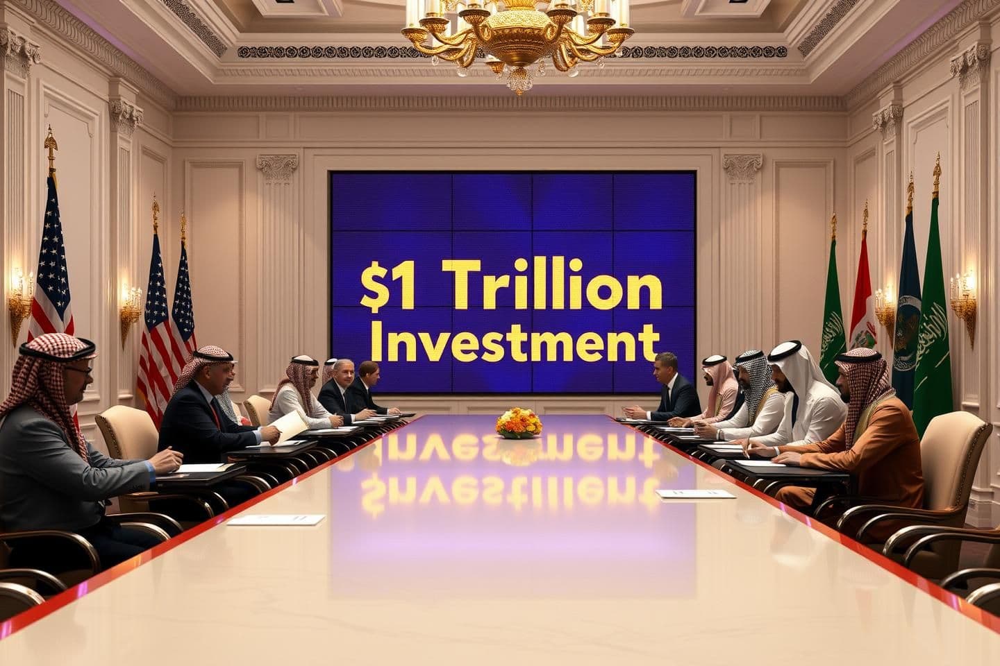 AI generated: “Inside a grand White House conference room, U.S. and Saudi delegations sitting across a long polished table. A large digital screen behind them showing ‘$1 Trillion Investment’ in