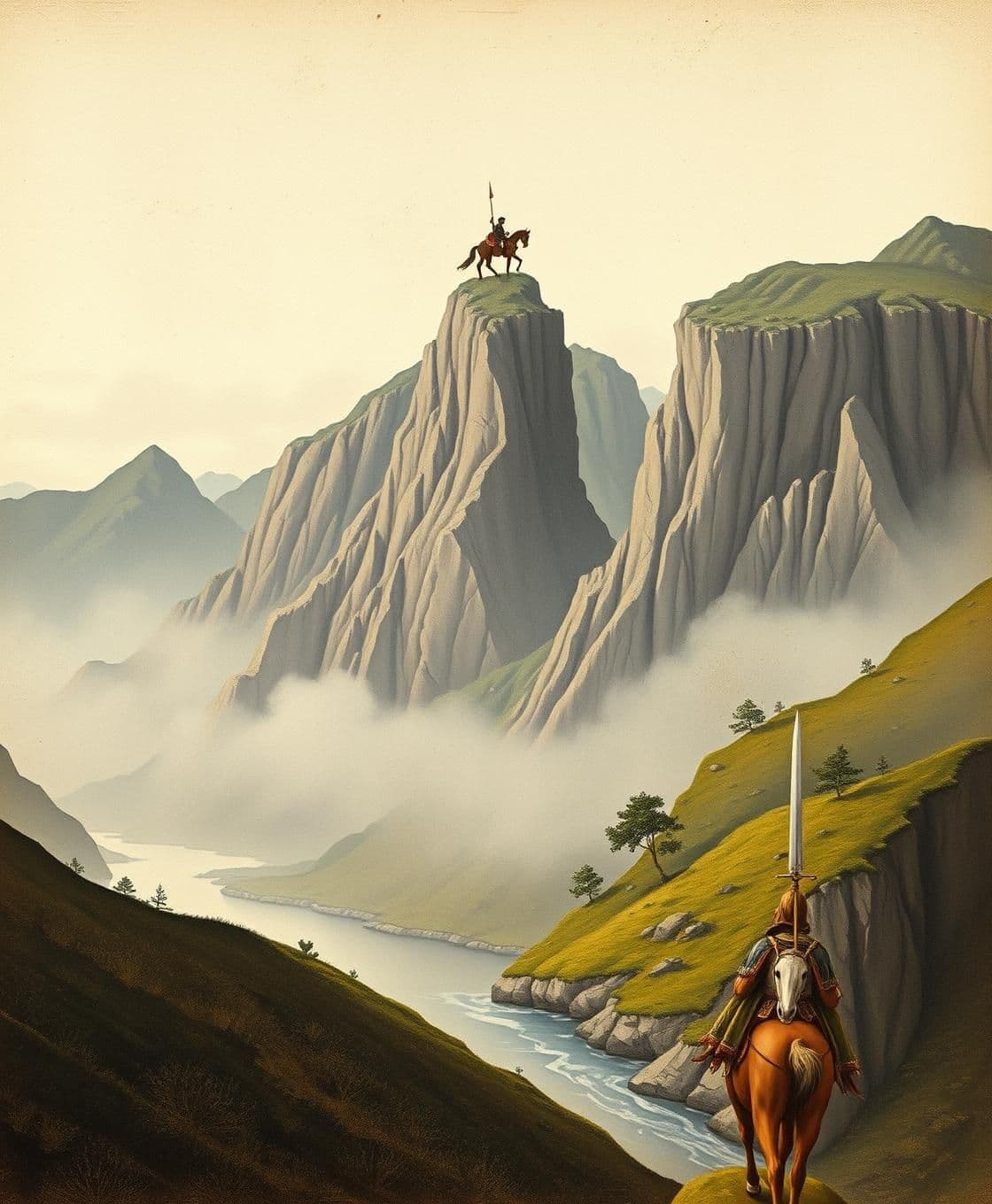 AI generated: Prompt: "Ancient 12th–14th century vertical (9:16) landscape painting. Misty mountain cliffs rise sharply with layered ridges, a lone knight on horseback stands at the top, a calm