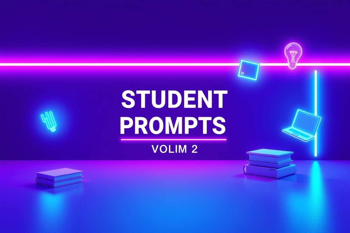 AI generated: “Modern minimalist digital cover design in horizontal 1280x720, futuristic neon blue and purple theme, large bold title text placeholder ‘STUDENT PROMPTS VOL 2’, glowing gradient b