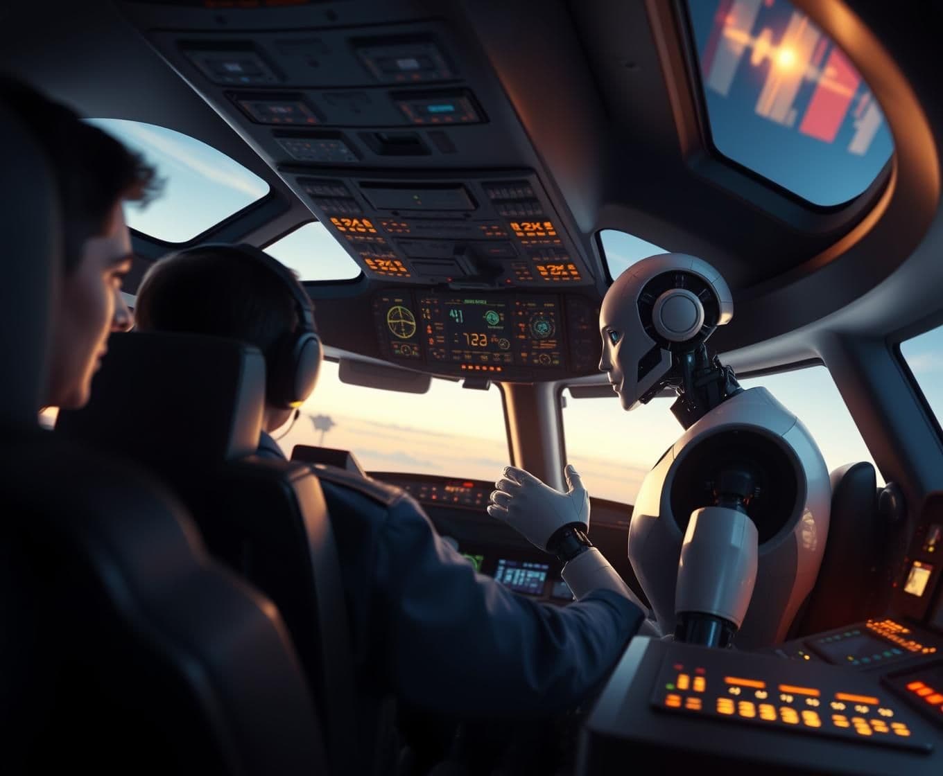 AI generated: Hyper-realistic cockpit interior mid-flight. A humanoid robot sits in the co-pilot seat, hands on controls, glowing HUD screens, calm skies through cockpit windows. Human captain o