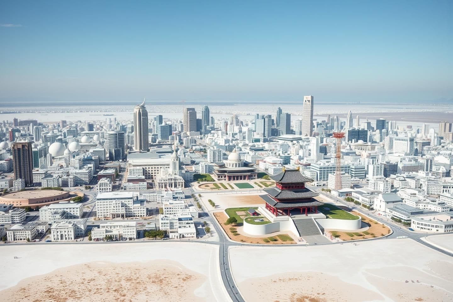 AI generated: Make an image of a massive city in a vast salt flat. This city should have modern buildings with slight hints of traditional Japanese architecture. Make sure it is lively and has a
