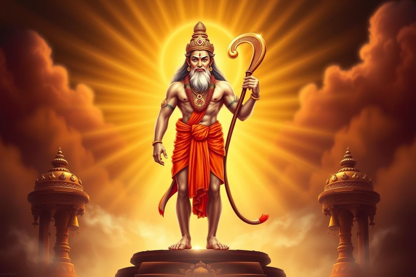 AI generated: Describe Lord Hanuman as the embodiment of divine strength, unwavering devotion, humility, fearlessness, and limitless wisdom. Portray him standing tall in his radiant golden aura,