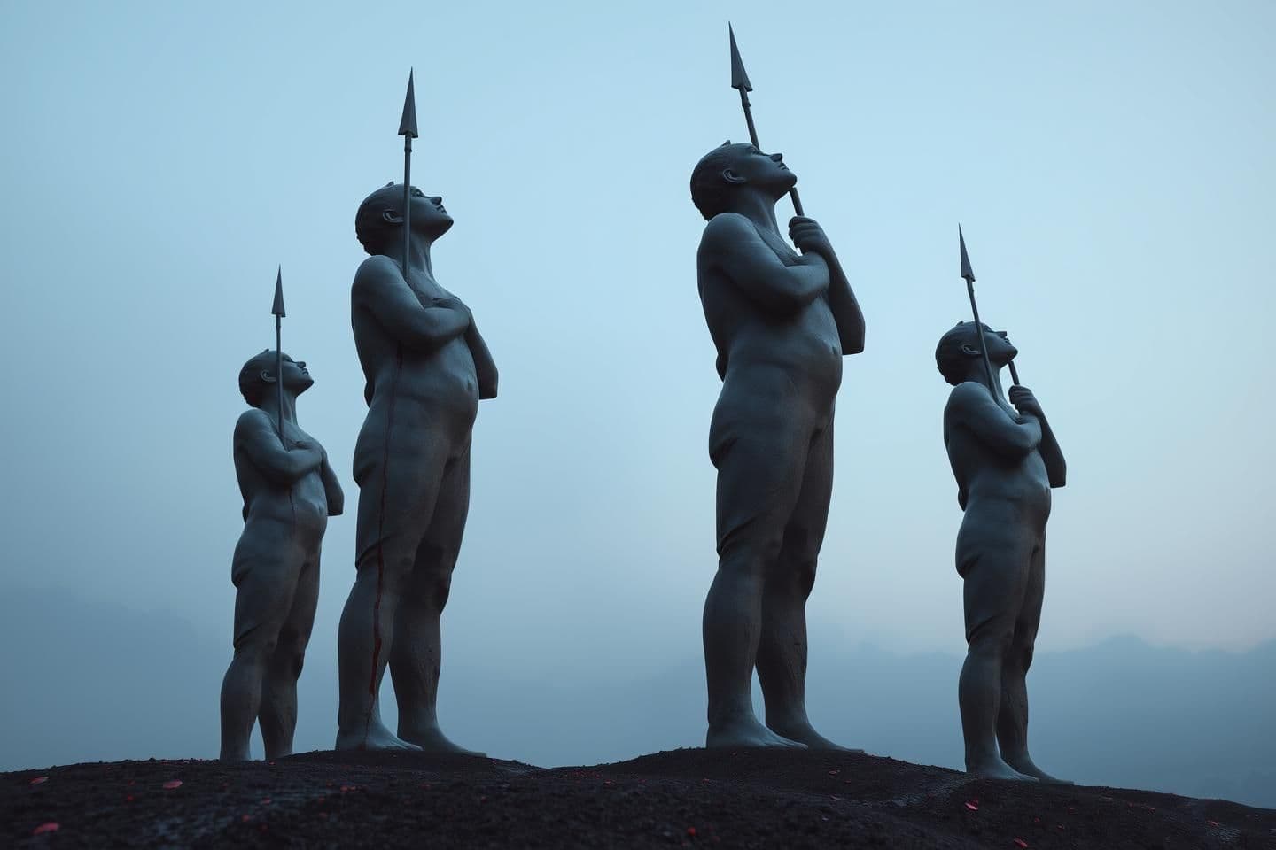 AI generated: Hyper-realistic view of a historical statue in daylight at dusk. Several life-size statues stand upright, their hands clasped behind their backs with spears slightly above the gro