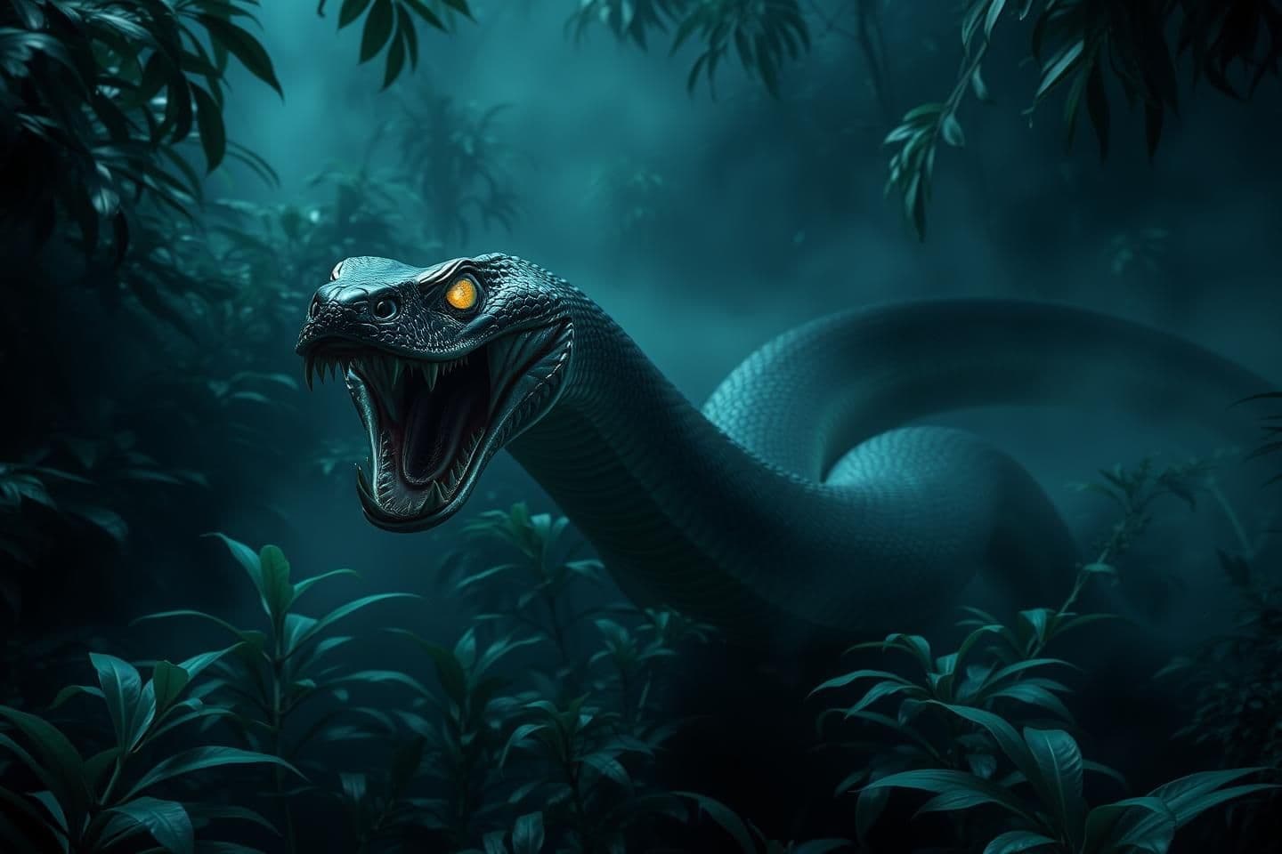 AI generated: Dense dark jungle filled with thick green plants and fog. A full-length dangerous snake completely visible from head to tail, positioned in the jungle. The snake has its mouth wide