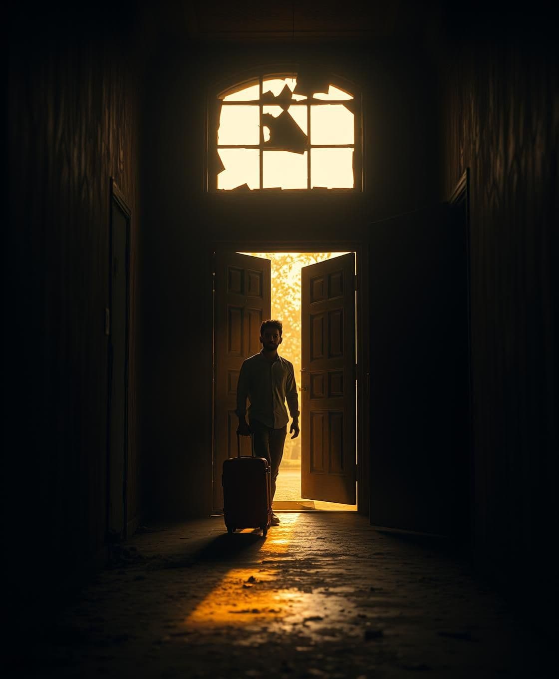 AI generated: "Ultra realistic 9:16 cinematic shot, young Indian man entering an old abandoned house with luggage, dust particles floating in air, warm diffused sunset light entering through bro