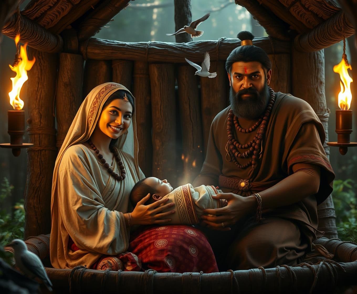 AI generated: “Ancient royal forest hut. Mother Morvi smiling at newborn baby Barbarik, Father Ghatotkatch standing proudly behind them. Fire torches lighting the hut, birds flying outside. A ma