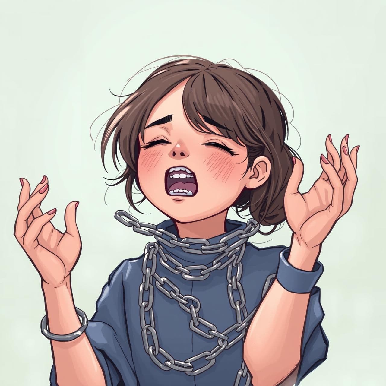 AI generated: So I'm imagining something like this.... A girl with chains around her.... Especially her mouth and hands.... A book freeing her .... Something like that .... Can you create some i