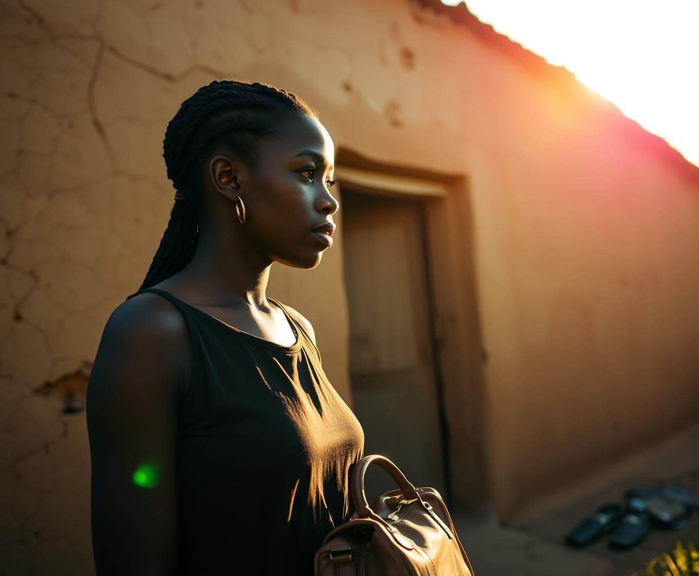 AI generated: A young Nigerian woman with caramel skin and short braids stands silently in front of an old, cracked mud house with faded paint. The afternoon sun casts a golden glow, highlightin