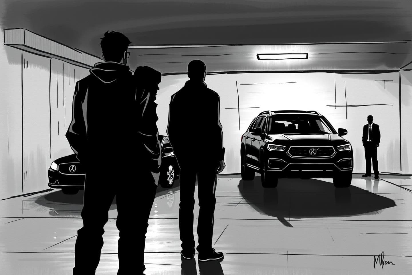 AI generated: "*"Black-and-white sketch set inside a dim, underground parking lot. Three figures—Ravi, Ashwin, and Amina—stand together in the foreground with their backs turned to the viewer. N