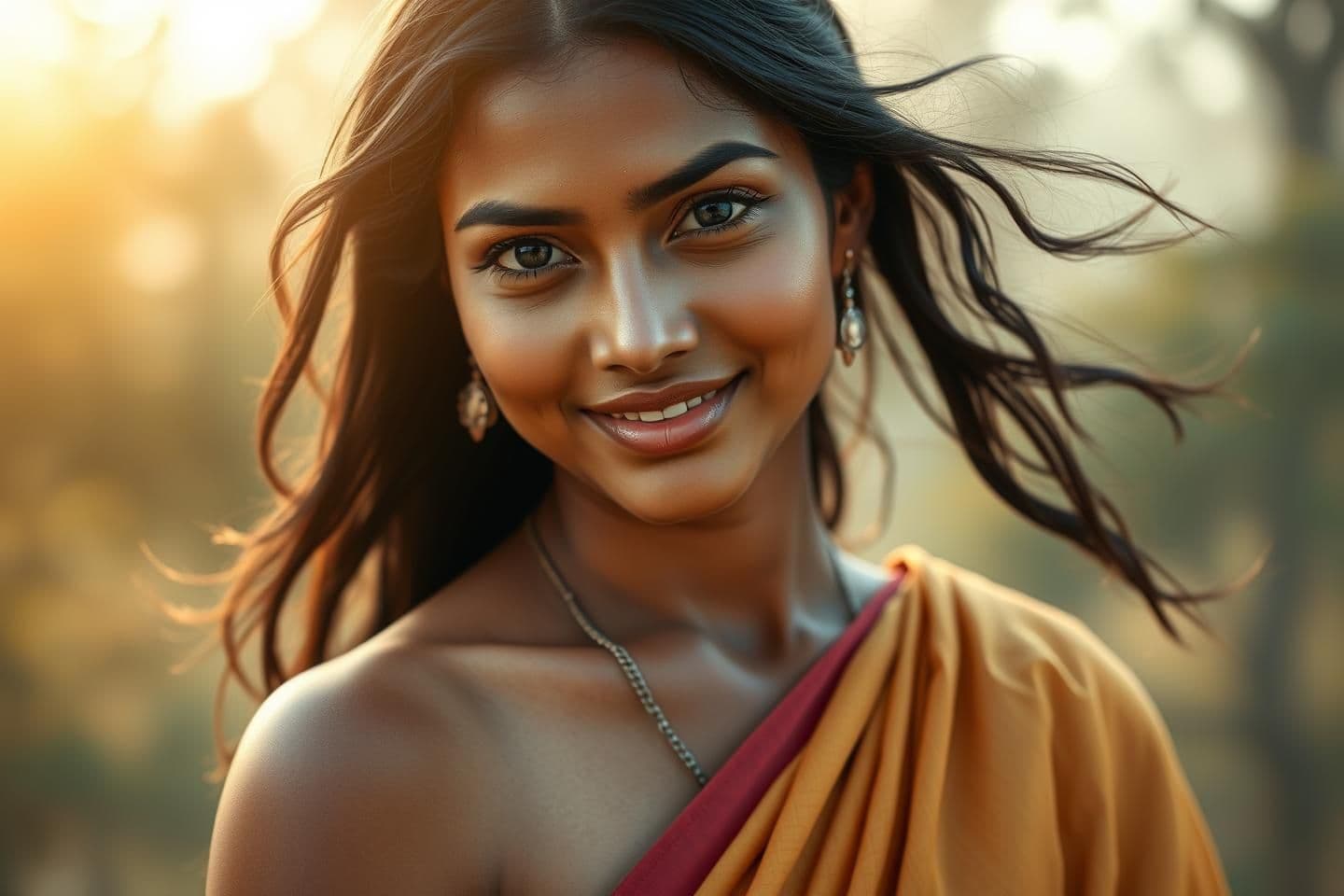 AI generated: A realistic portrait of an Indian woman symbolizing eternal love and peace, with warm wheatish skin tone, expressive deep brown eyes, soft natural makeup, long black hair flowing