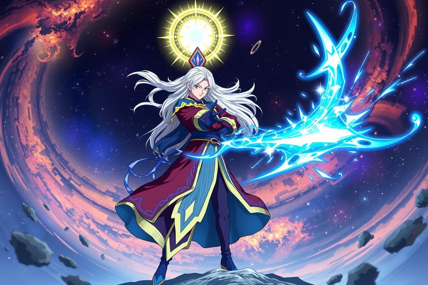 AI generated: A divine anime warrior with long silver hair and a glowing circular crest floating behind his head. He stands alone in a cosmic battlefield, wearing a flowing maroon and indigo rob