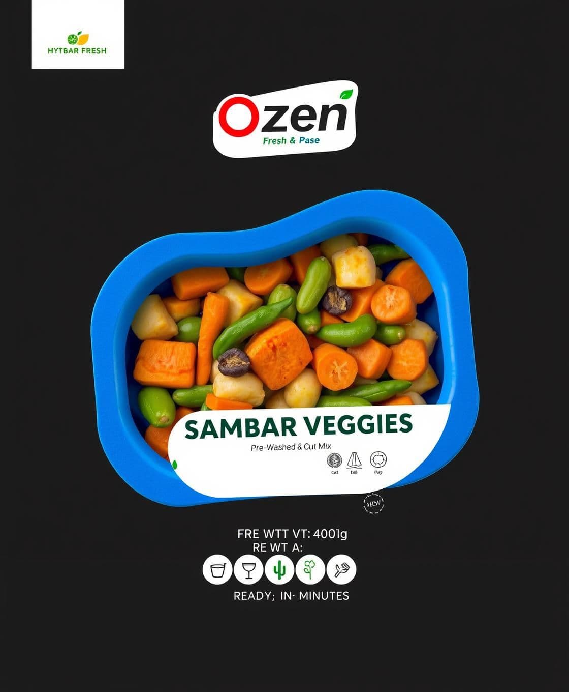 AI generated: Design a premium retail pack for Ozen Fresh – Sambar Veggies (Pre-Washed & Cut Mix) inspired by the blue-tray examples, but with a new and distinct look.
Packet Style
Use a brigh