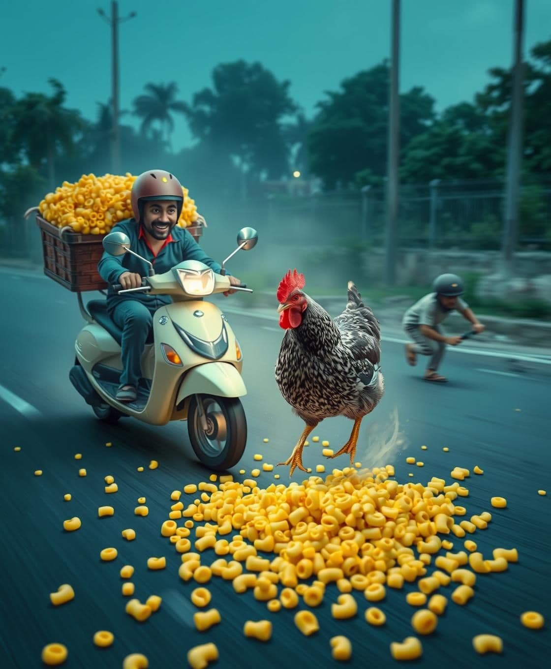 AI generated: A speeding scooter suddenly stops near a man who is carrying a load of macaroni, where the macaroni is scattered all over. The hen is eating the macaroni with great joy. The man is