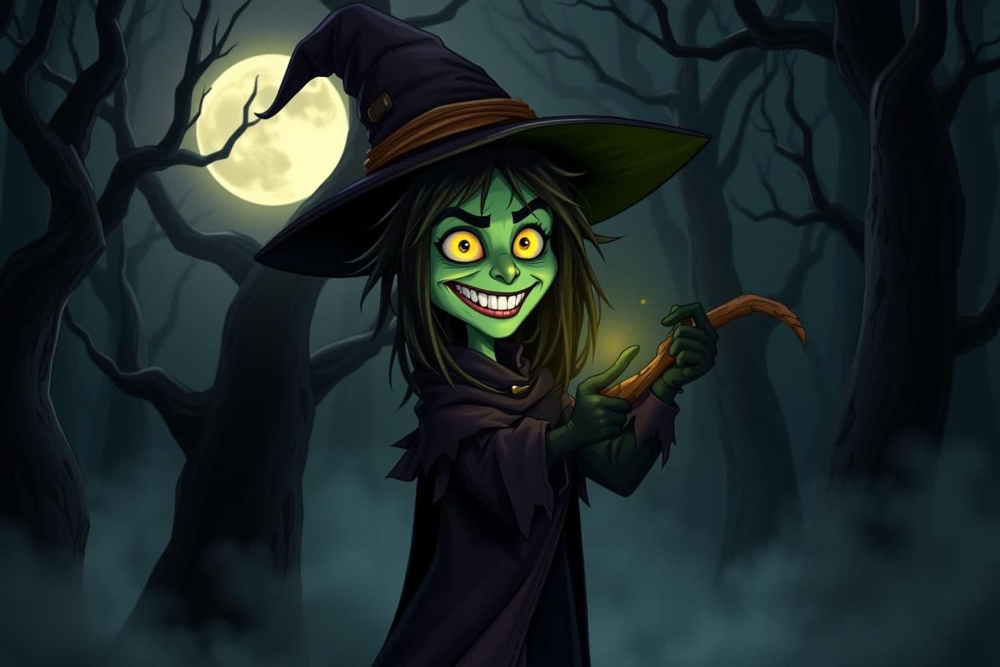 AI generated: A scary witch standing in a dark forest, 2D animation style, Todi/Toonly cartoon look. The witch has long messy black hair, pale green skin, glowing yellow eyes, and a wide creepy