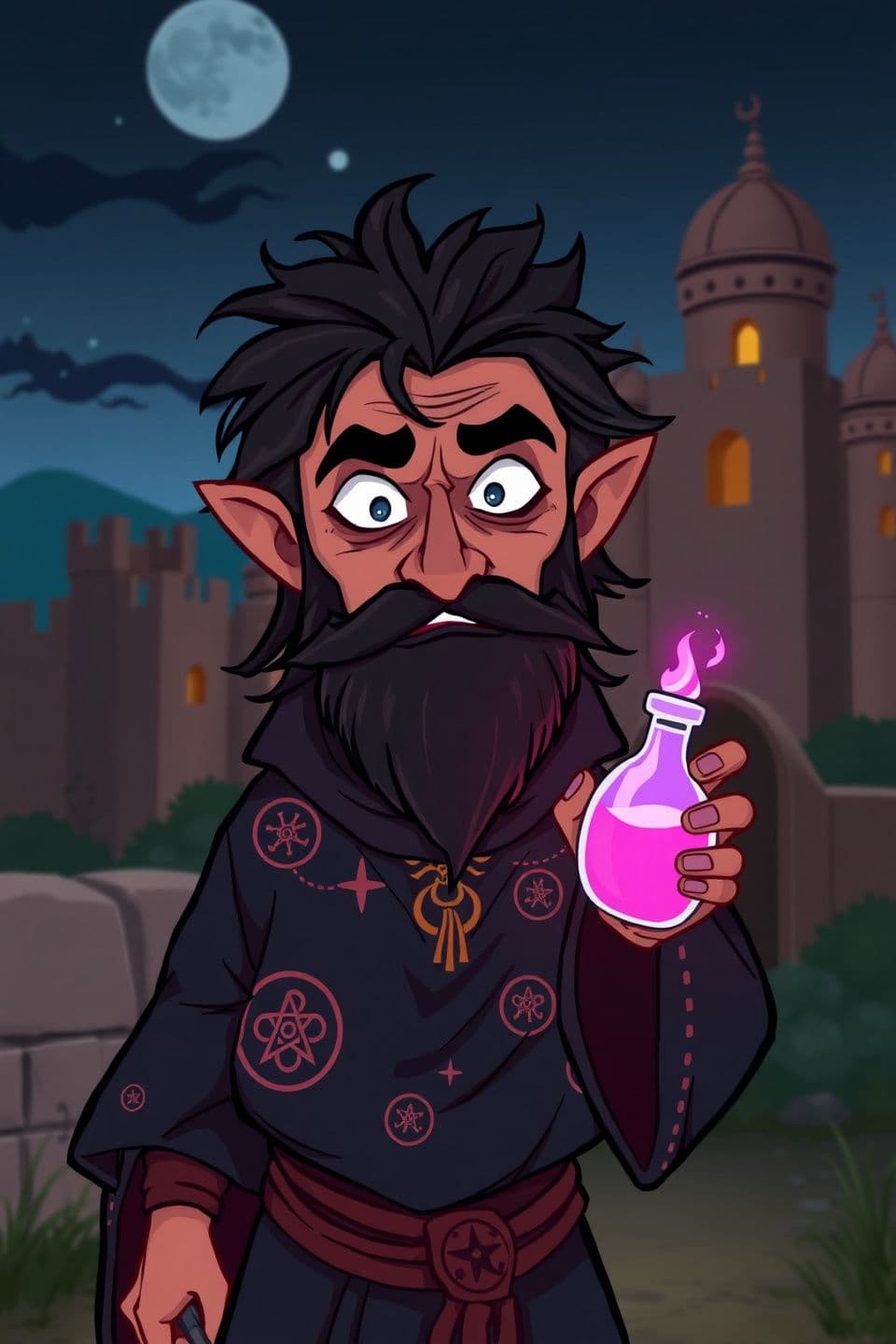 AI generated: A cartoon animation style image of a dark indian tantric magician, middle-aged man with sharp features, sunken eyes, long messy black hair, thick beard, wearing dark robes with mys