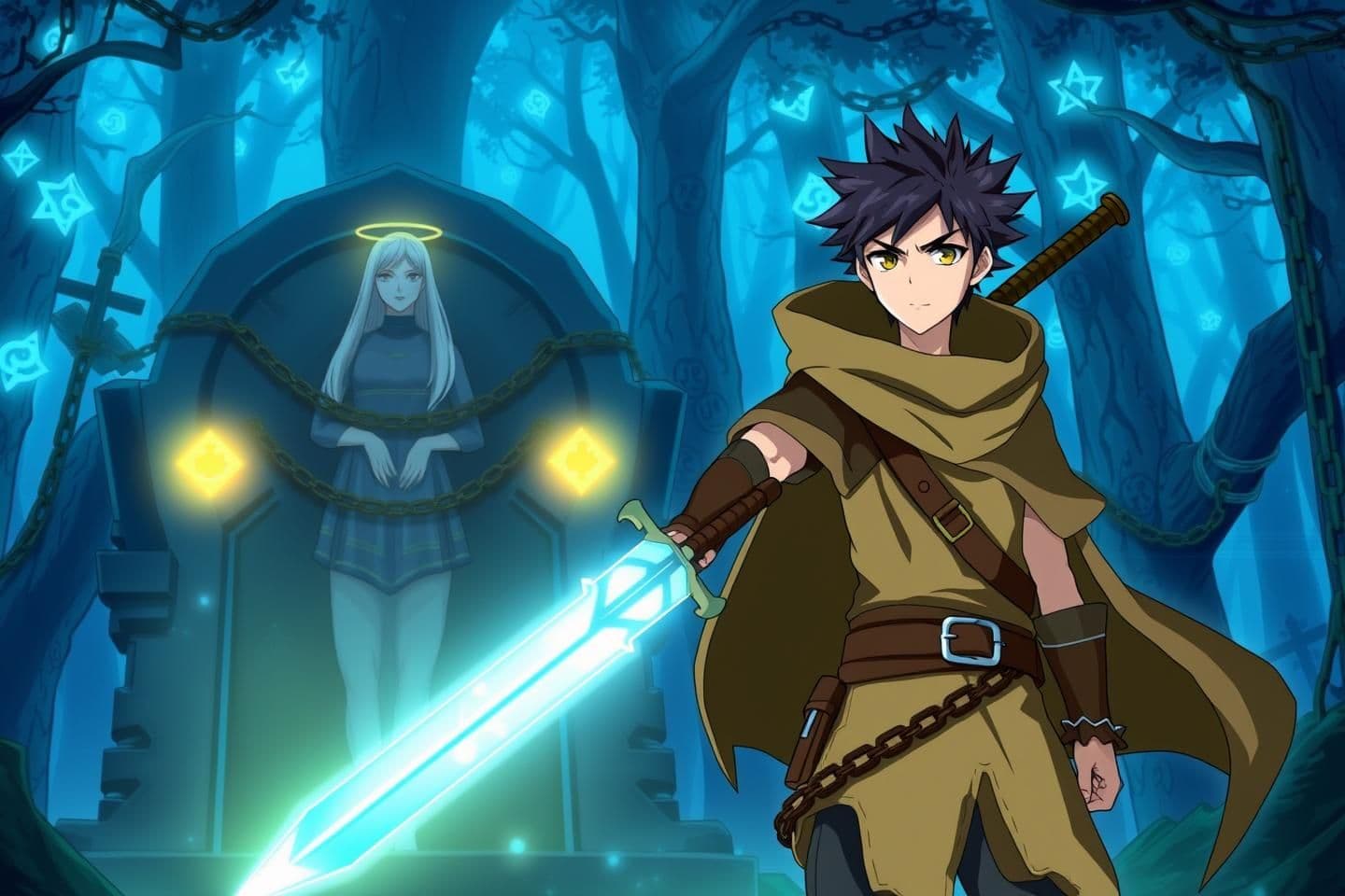 AI generated: 1. Main Character / Hero
Description: A courageous yet slightly inexperienced young warrior, tasked with a mysterious mission. They carry a sword, possibly enchanted, and have a h