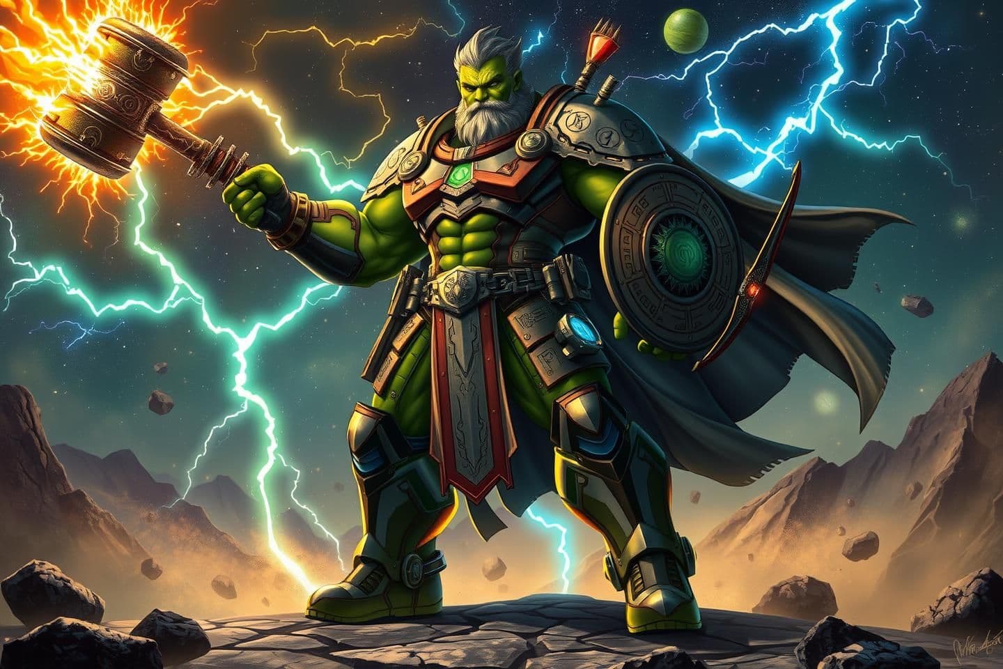 AI generated: A towering, original cosmic superhero stands on a fractured star-lit battlefield. Their physique is massive and powerful, with vibrant green skin hinting at raw, elemental strength