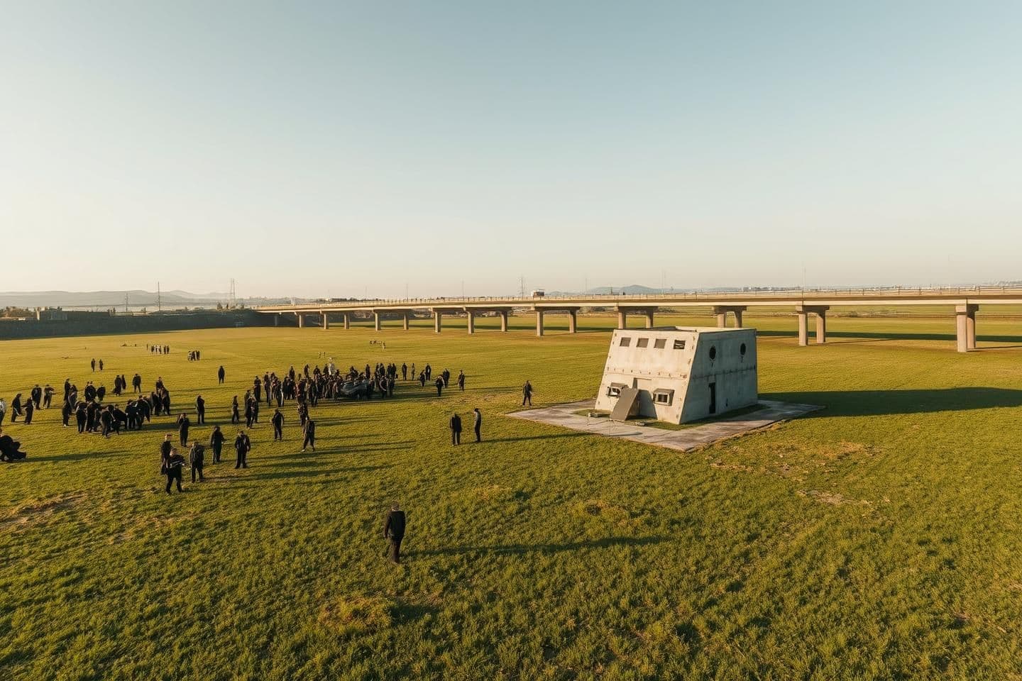 AI generated: A wide aerial view of an open green field under a bright clear sky. Groups of angry people are standing in scattered clusters across the field, people are too many, exactly in the