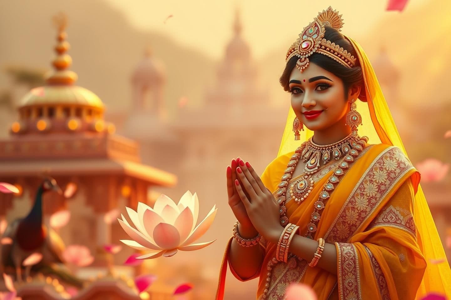 AI generated: A serene devotional cinematic background for 16:9 video editing, Radha Rani standing gracefully, divine glowing aura, soft golden sunrise light, Vrindavan temple background, peacoc