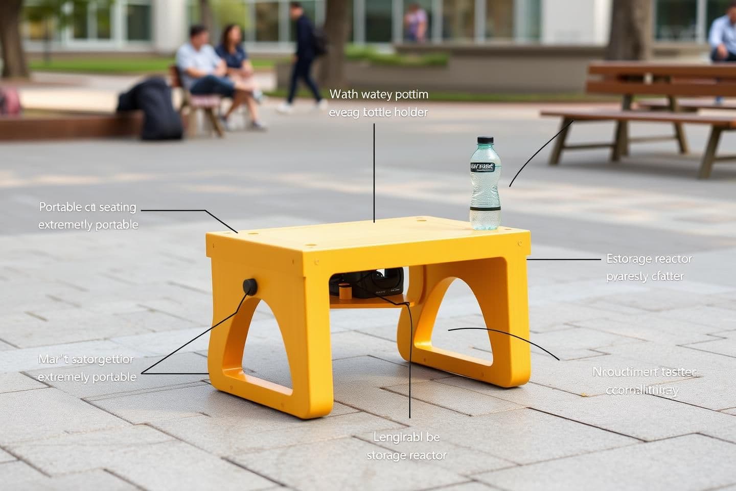 AI generated: Create an image of prototype problem statement portable seating for outdoor campus spaces with features it should be lightweight extremely portable with charging point water bottle