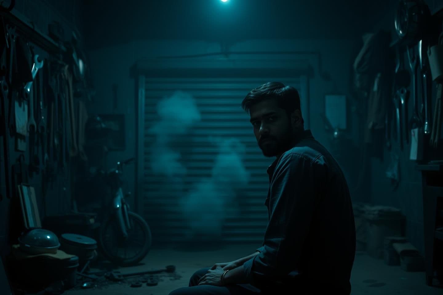 AI generated: “Ultra-realistic 16:9 cinematic frame showing an Indian man sitting alone in a dim, eerie garage workshop at night. He is slightly turned toward the camera, as if telling a horror