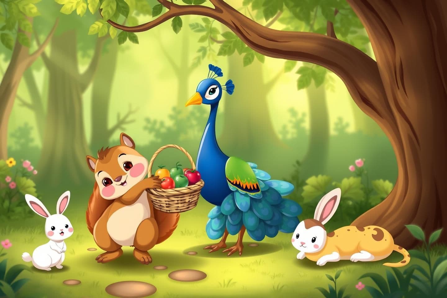 AI generated: A friendly squirrel holding a fruit basket tightly, a colorful peacock standing nearby, a small white rabbit looking hopeful, and a gentle snake resting peacefully. They are all in