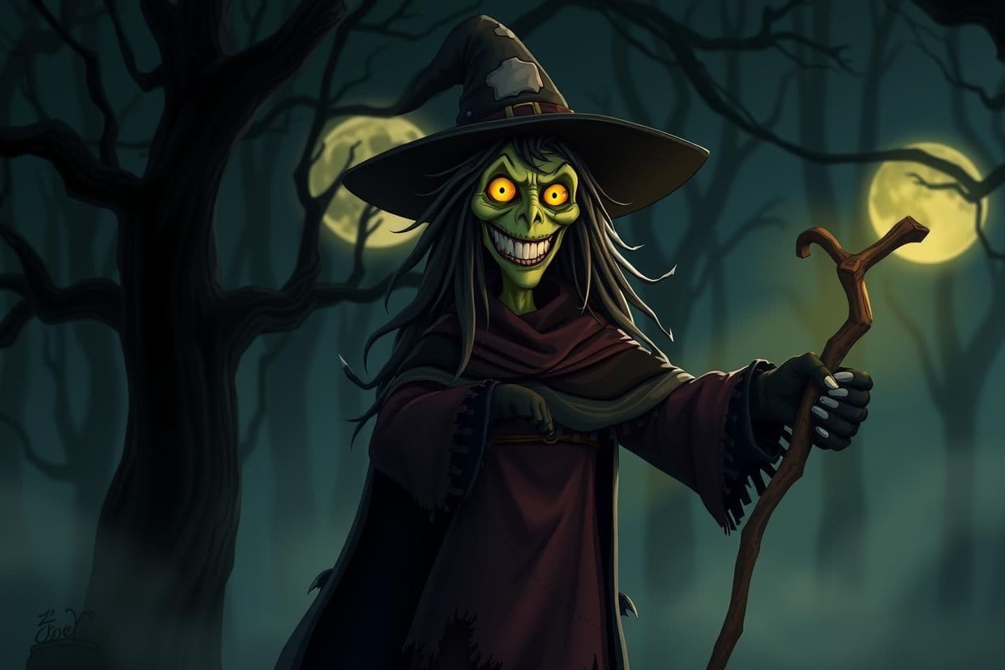 AI generated: A scary witch standing in a dark forest, 2D animation style, Todi/Toonly cartoon look. The witch has long messy black hair, pale green skin, glowing yellow eyes, and a wide creepy