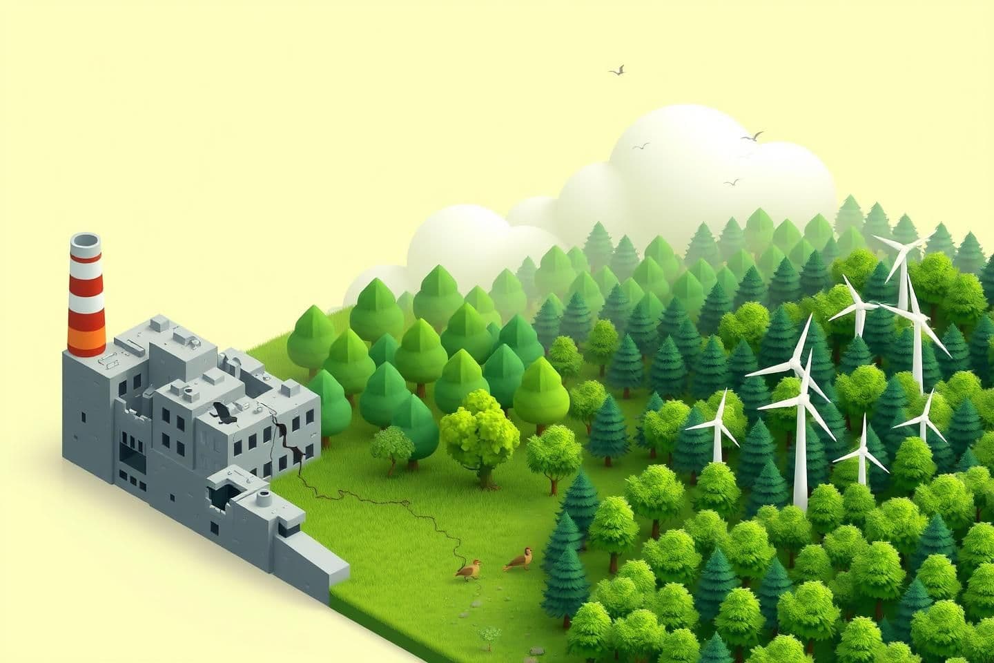 AI generated: A 3-D digital illustration in the style of Paint 3D. On the left side, there is a broken gray factory with chimneys and cracks. In the middle, the factory slowly transforms into tr