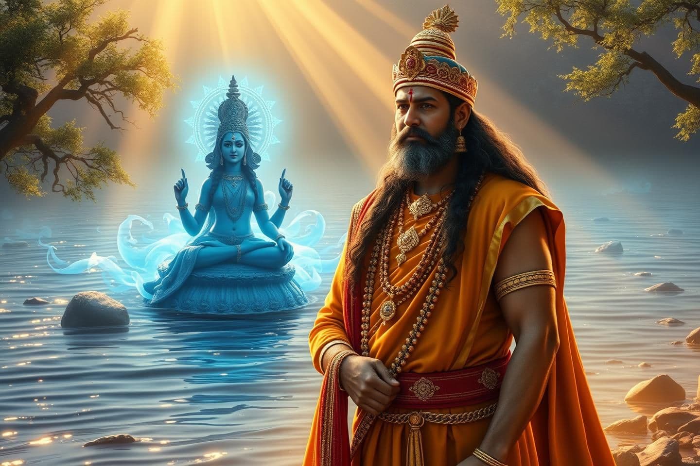 AI generated: Create a 16:9 high-resolution YouTube thumbnail for “Raja Shantanu Ki Katha”. Show King Shantanu as a noble Indian king wearing ancient royal attire, standing on the riverbank of t