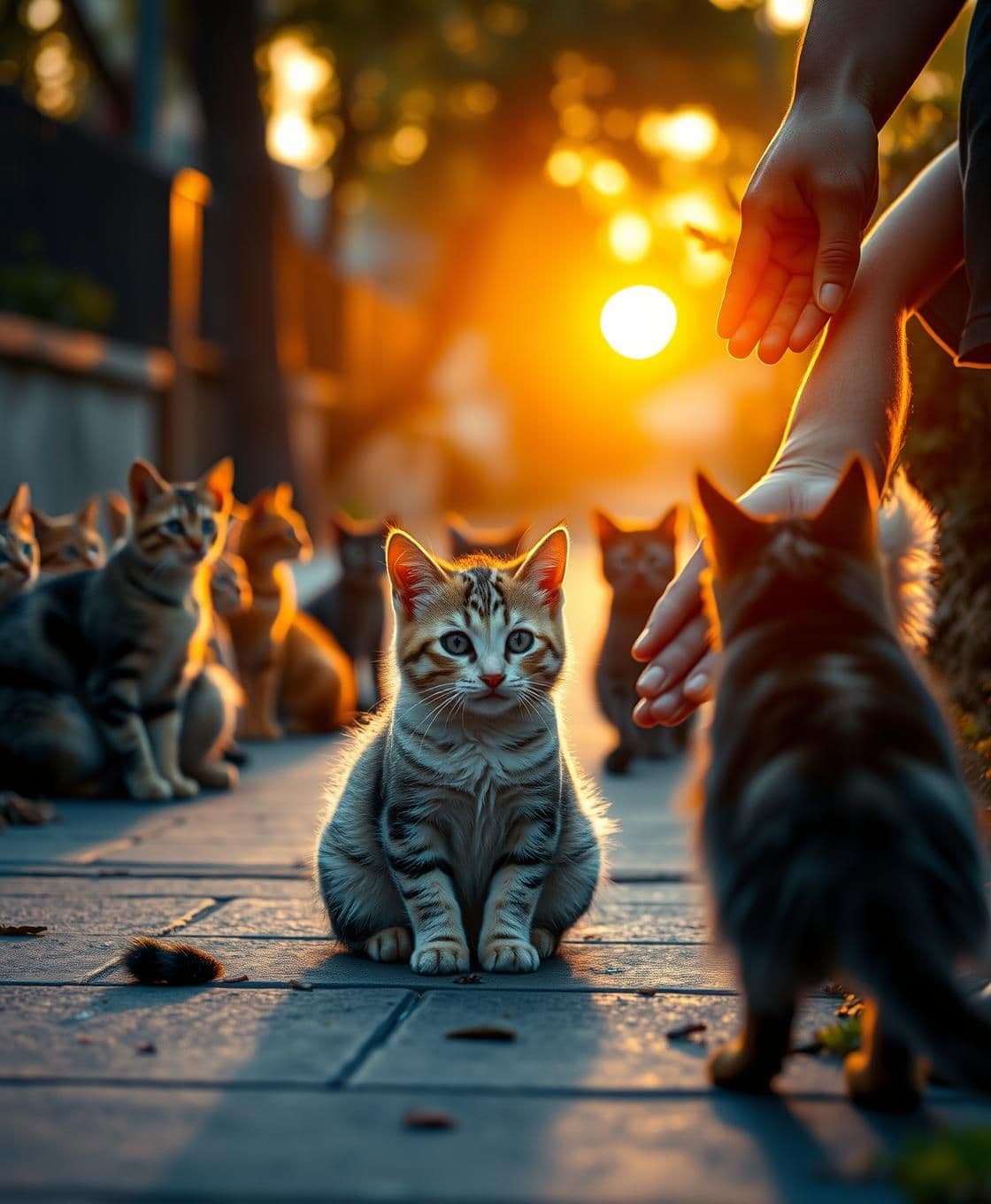 AI generated: A The little cat sitting sadly on a footpath at sunset, eyes filled with tears, asking for work. Several cats around her mockingly laughing. A kind human steps forward with a gentl