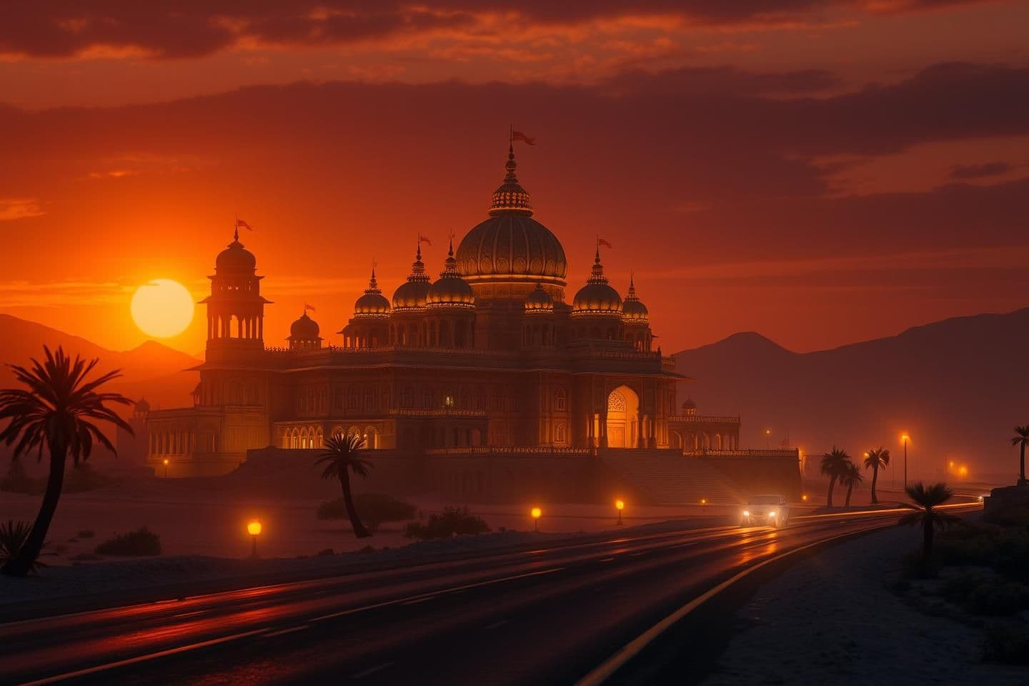 AI generated: 4K, mystical Indian palace at sunset, Hotel California theme, dark desert highway, shimmering light, intricate ancient Indian architecture, sitar silhouette, cinematic lighting, hy