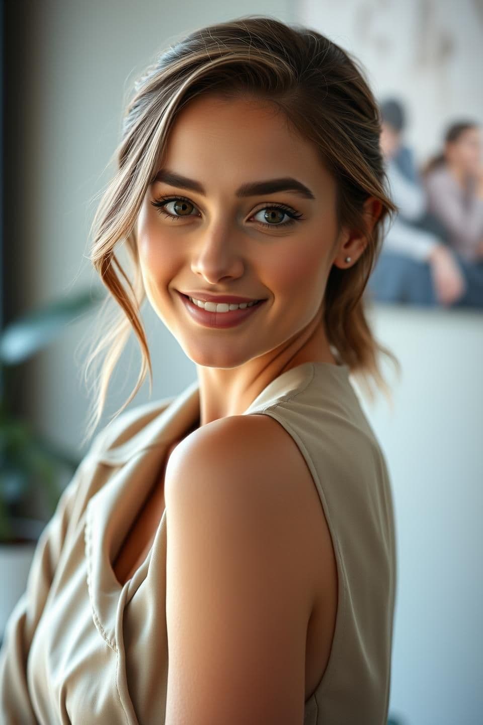 AI generated: A beautiful 25-year-old woman with a natural, elegant appearance. She has expressive eyes, soft facial features, and a confident, warm smile. Her skin looks healthy and radiant, wi