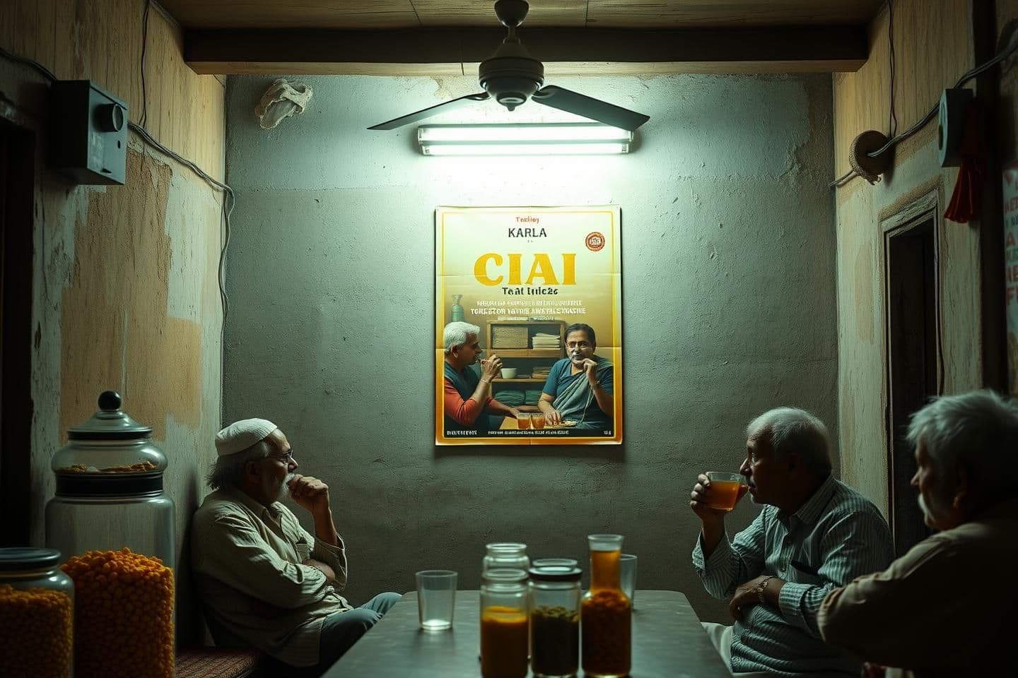 AI generated: Create a realistic interior of an old Kerala chai shop with rustic walls, fluorescent light, glass jars of snacks, and elderly men drinking tea. On the back wall there is a rectang