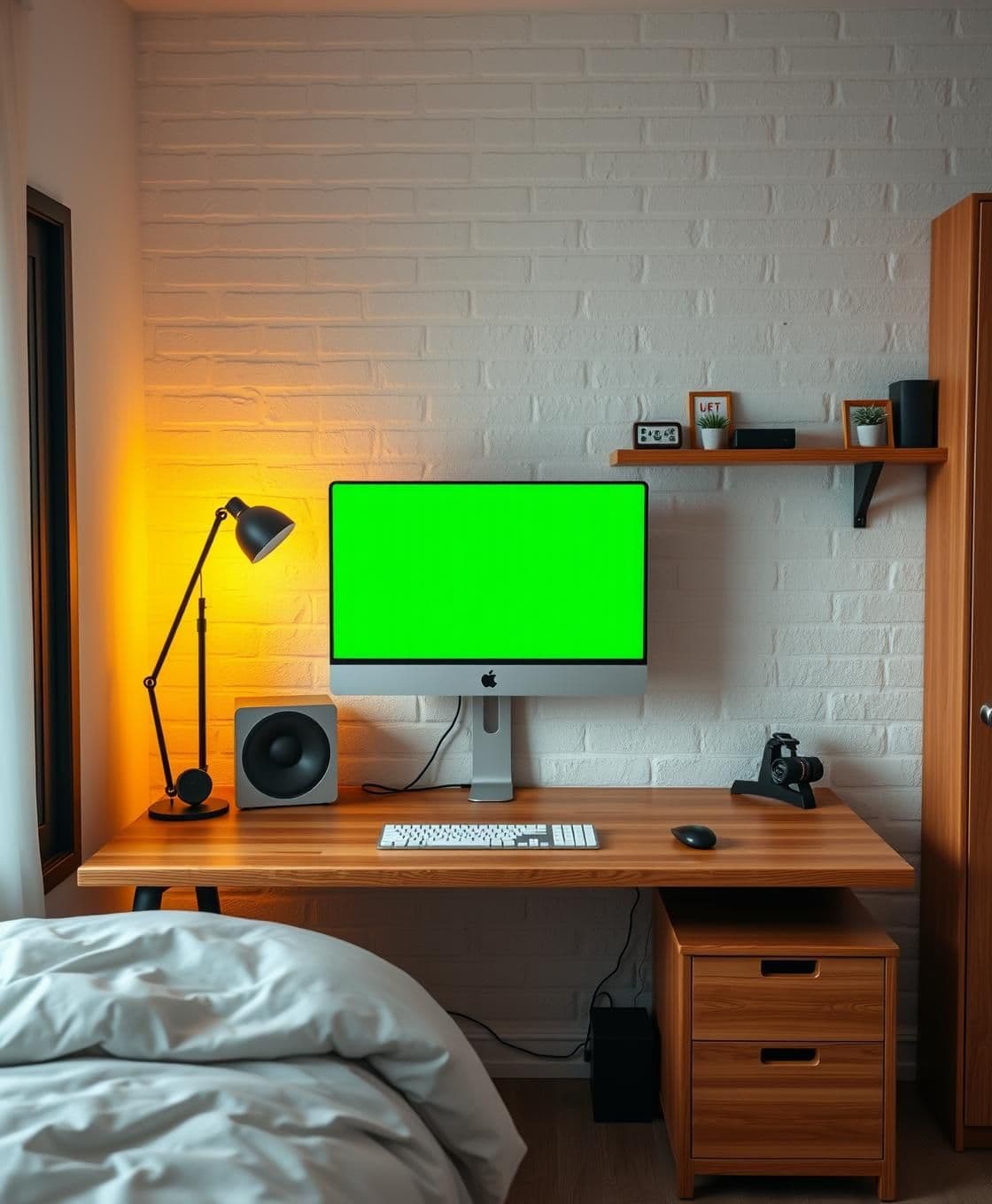 AI generated: A cozy, realistic home office or bedroom workspace with a minimalist setup. A simple wooden desk with a modern computer on it, showing a solid green screen. The scene includes natu