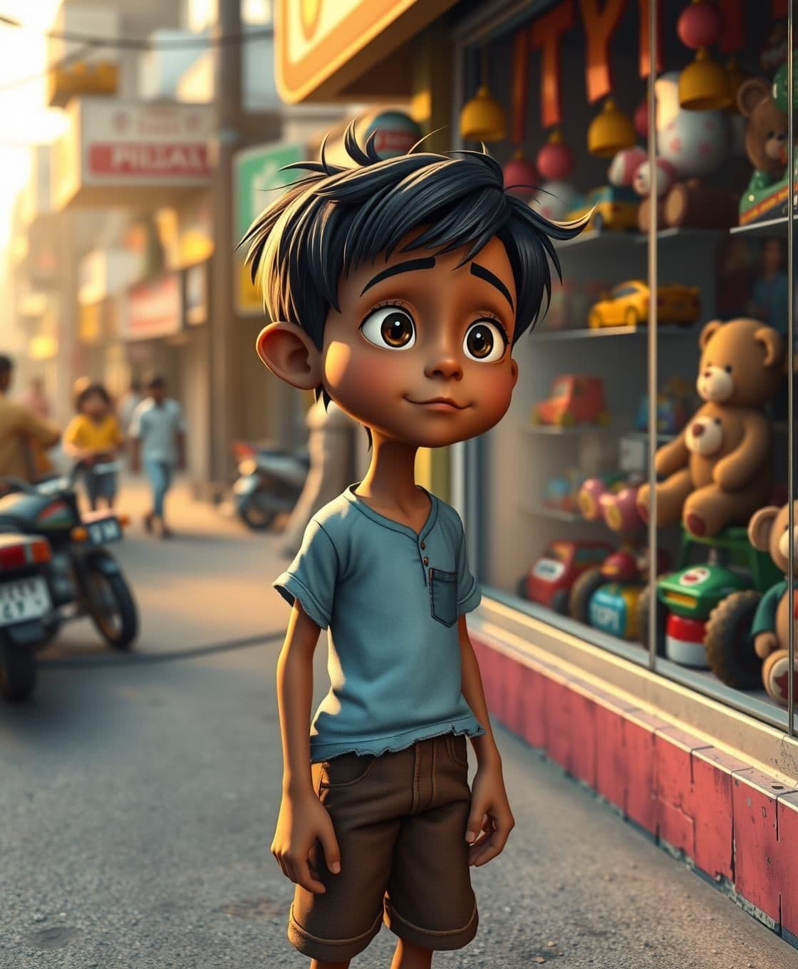 AI generated: A 3D cartoon style scene of a poor little Indian boy, around 7 years old, thin body, short messy black hair, brown skin, wearing torn light-blue shirt and brown shorts. He is stand