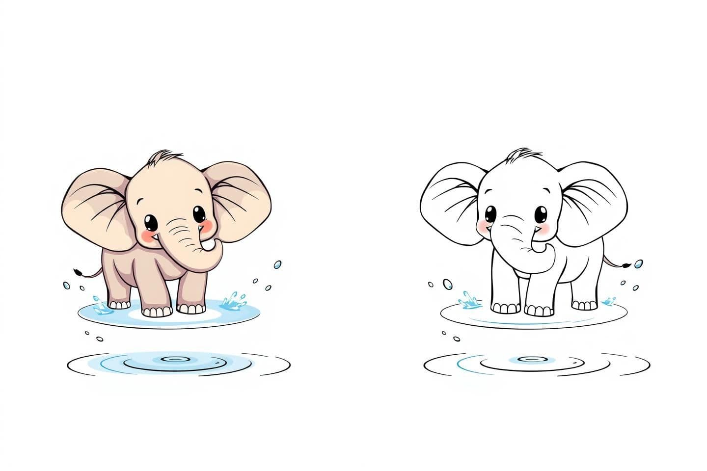 AI generated: Generate an image with a colored illustration of 'cute elephant splashing water' on the left side, and the same illustration in a black-and-white outline on the right side. Include