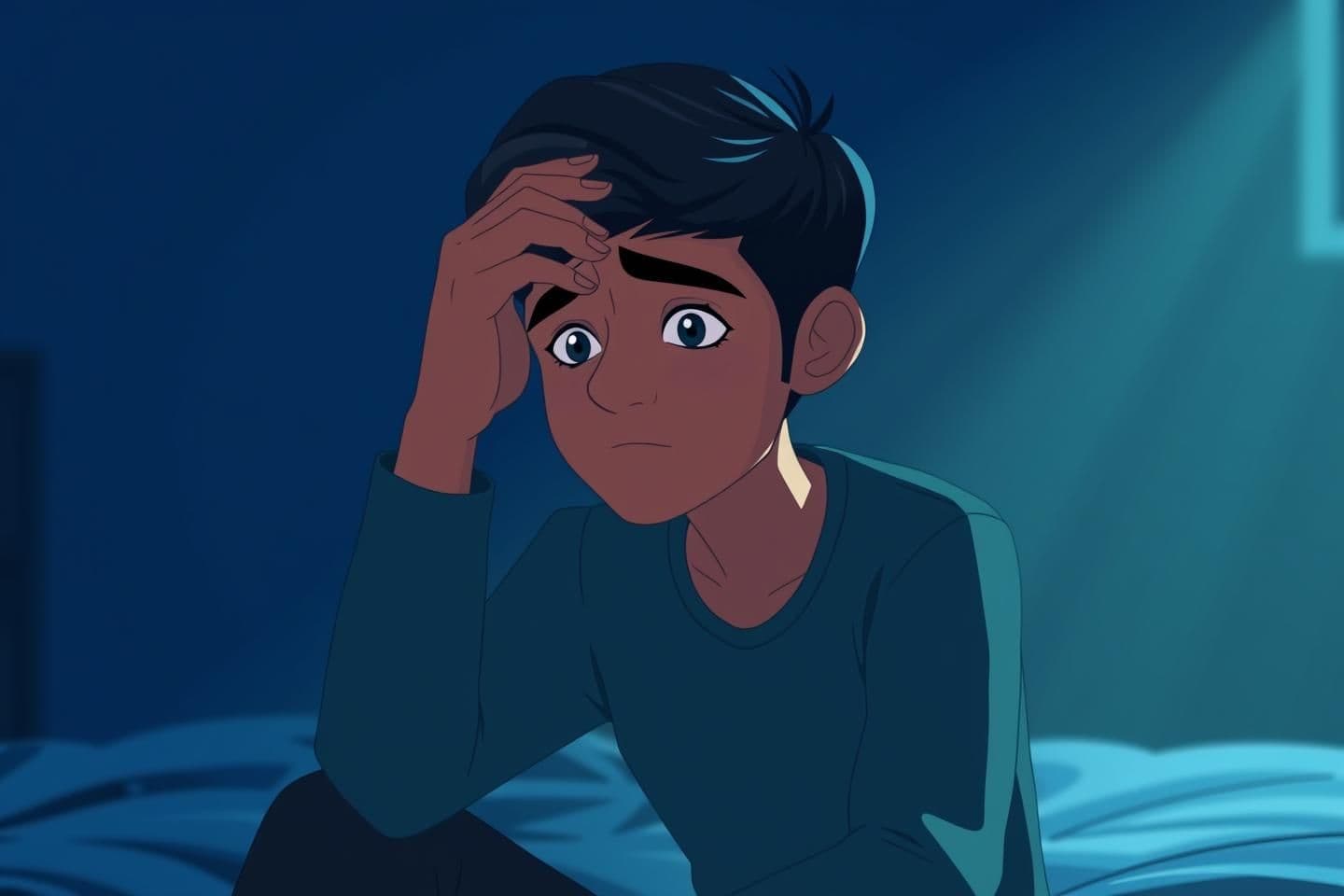 AI generated: create whitboard animation style A young Indian person sitting alone in a dimly lit room, looking mentally tired and overwhelmed, hand on forehead, soft emotional expression. Soft